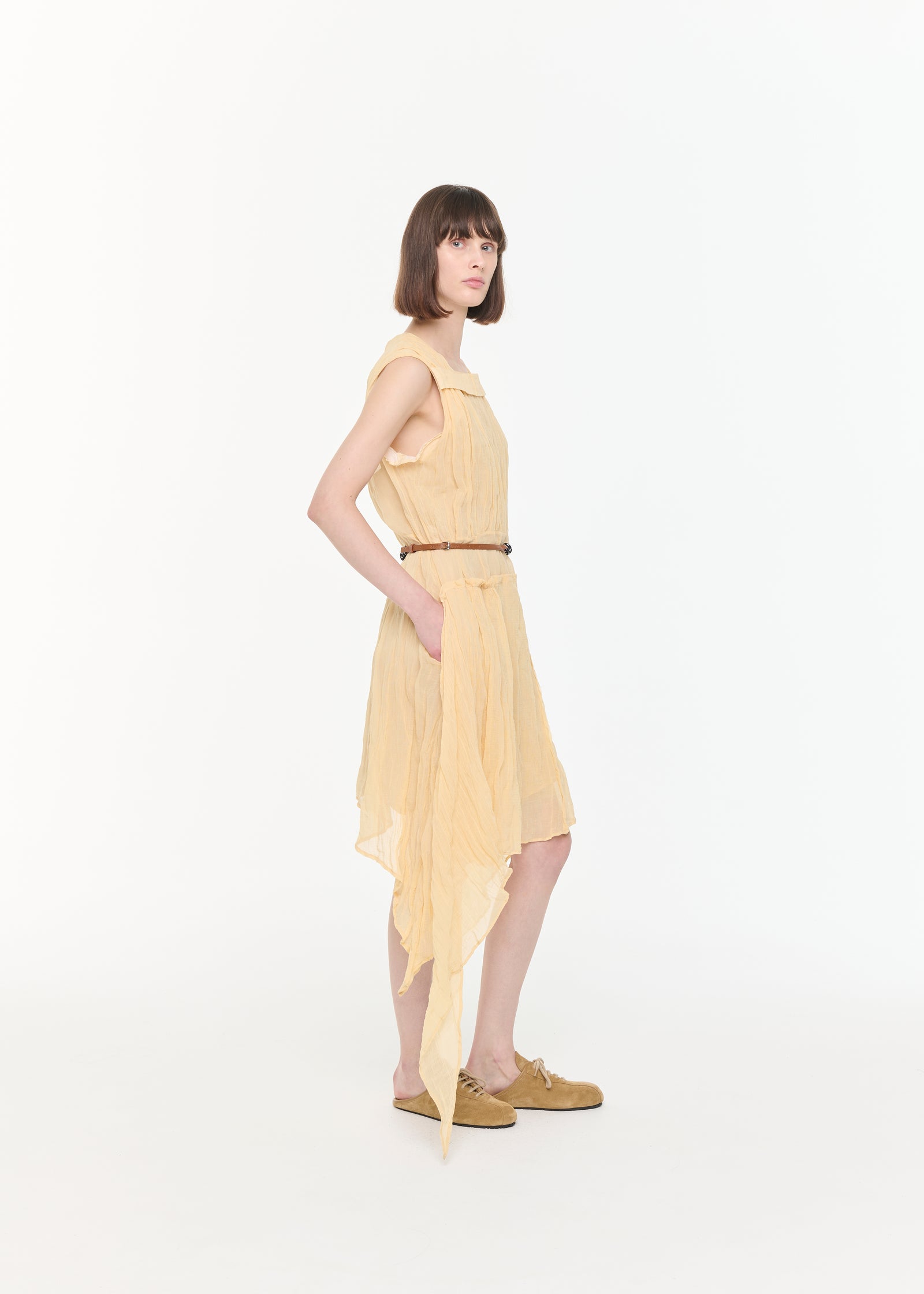 MIDI ASYMMETRIC CRINKLED COTTON GAUZE DRESS