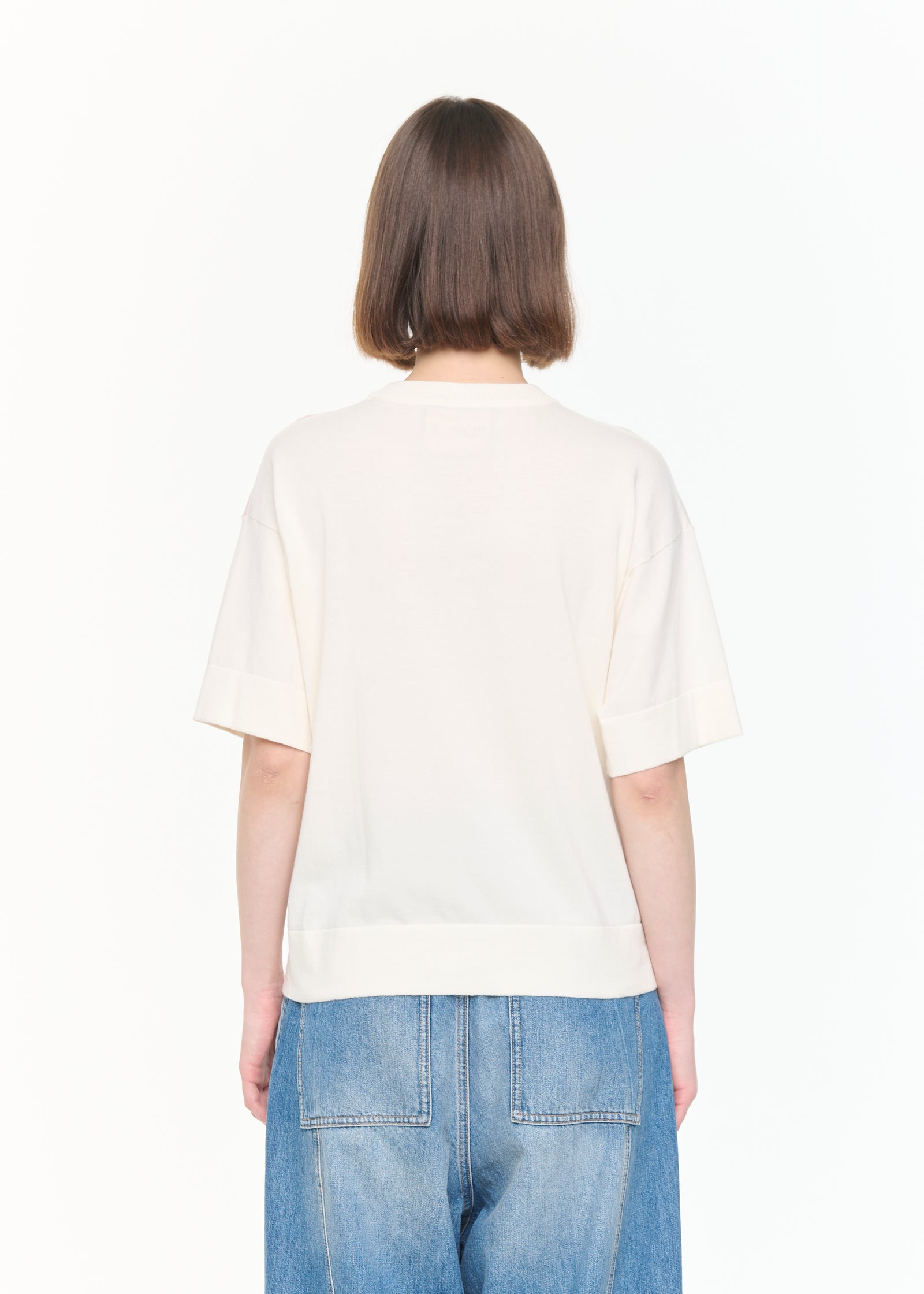 WHITE FLORAL INTARSIA SHORT SLEEVE KNIT