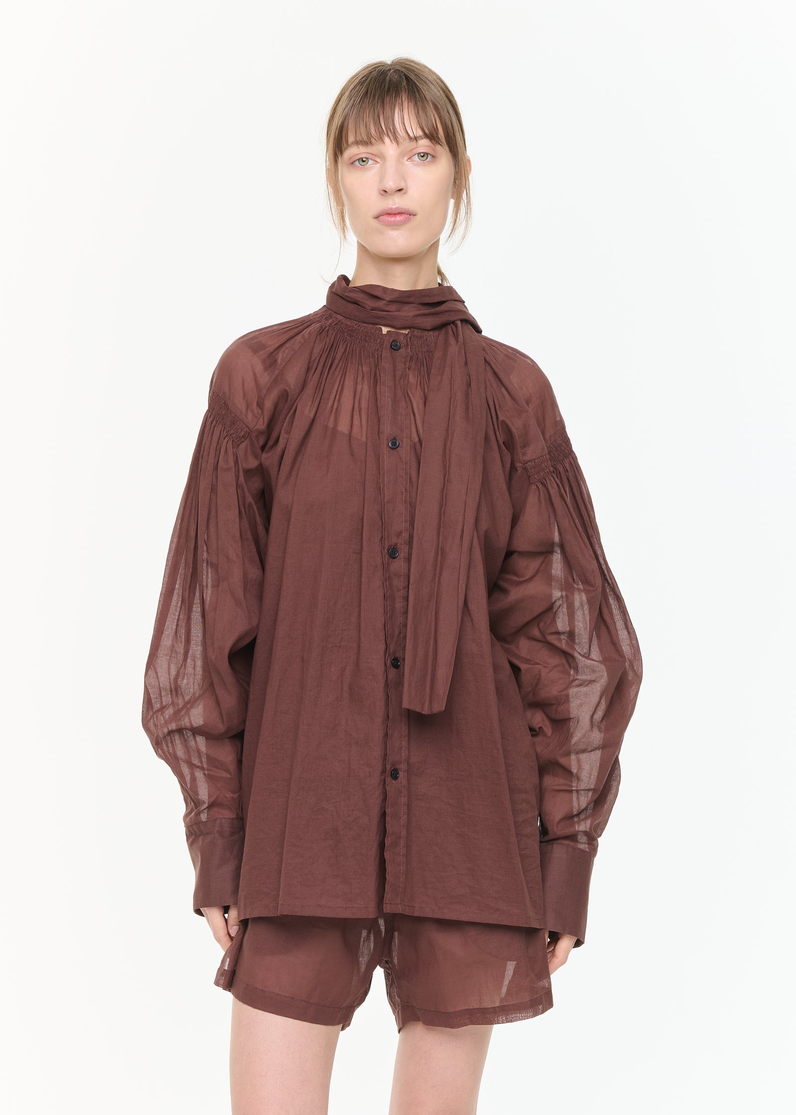 BROWN ORGANZA BLOUSE WITH SCARF