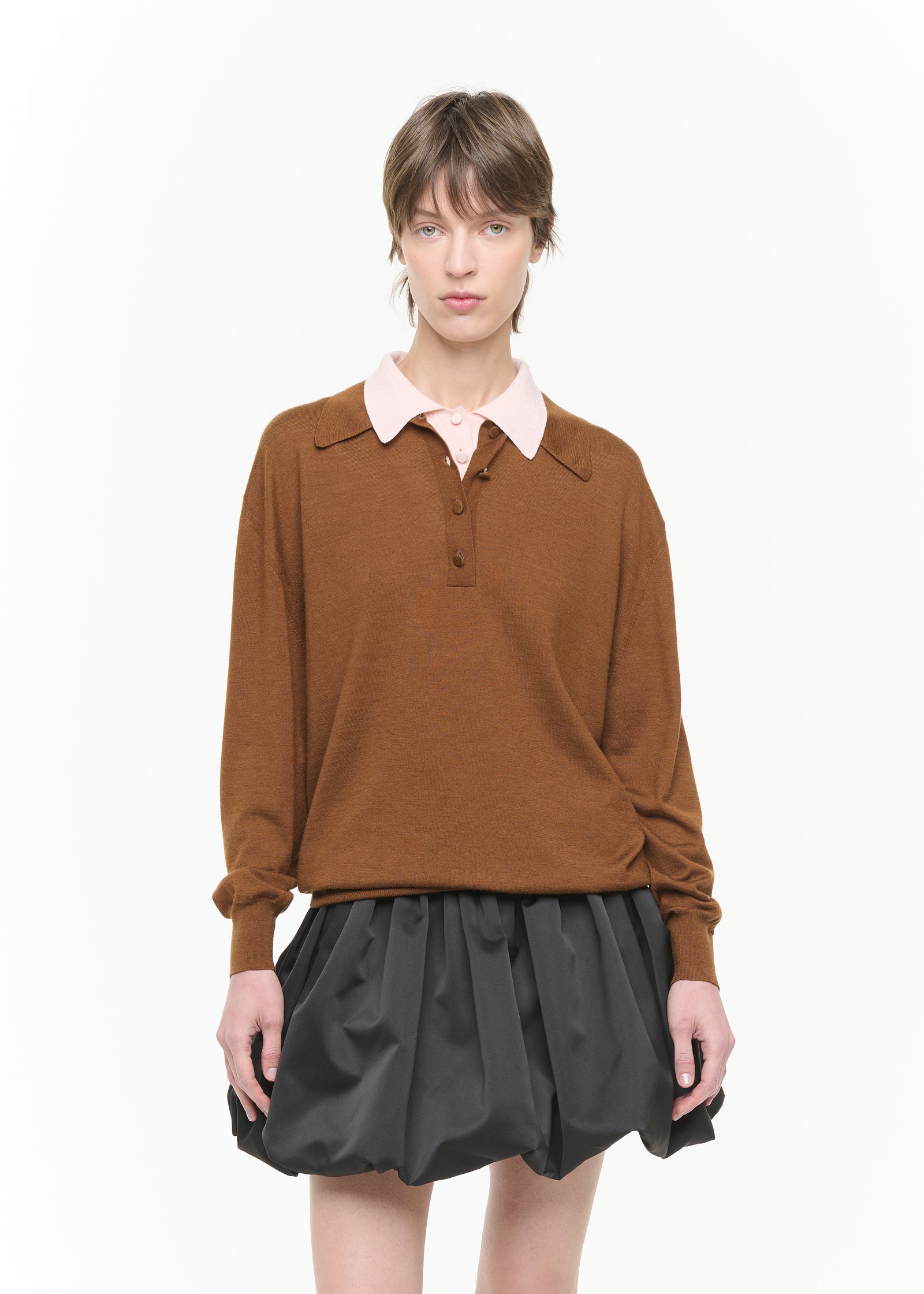 BROWN PINK DOUBLE COLLAR POLO SWEATER