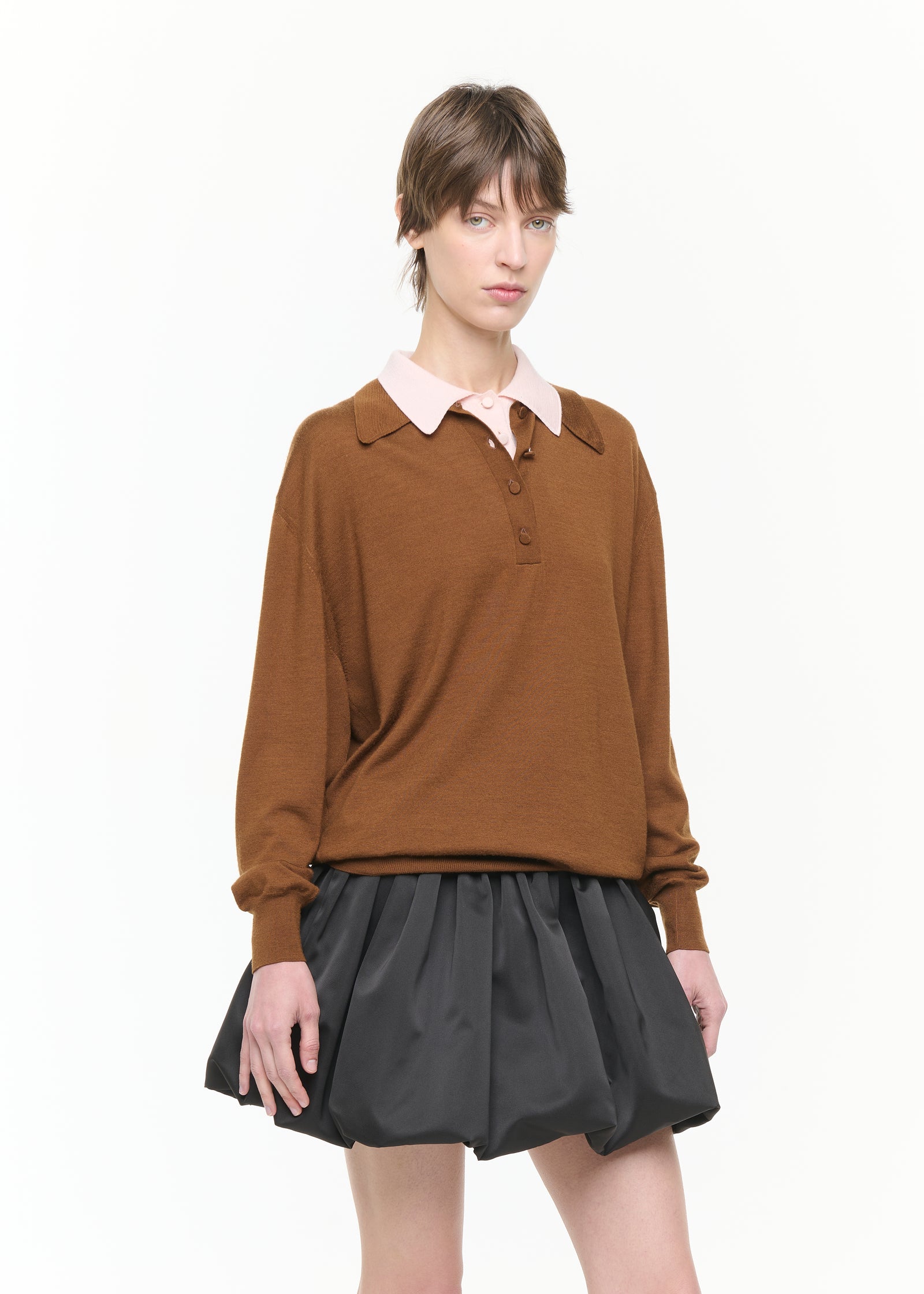 BROWN PINK DOUBLE COLLAR POLO SWEATER