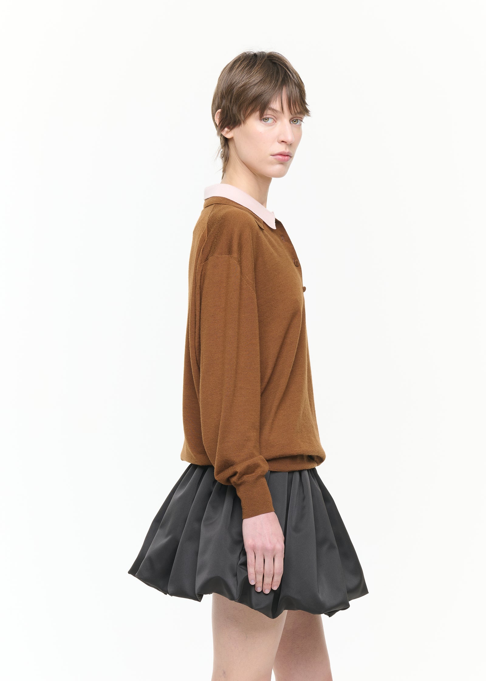 BROWN PINK DOUBLE COLLAR POLO SWEATER
