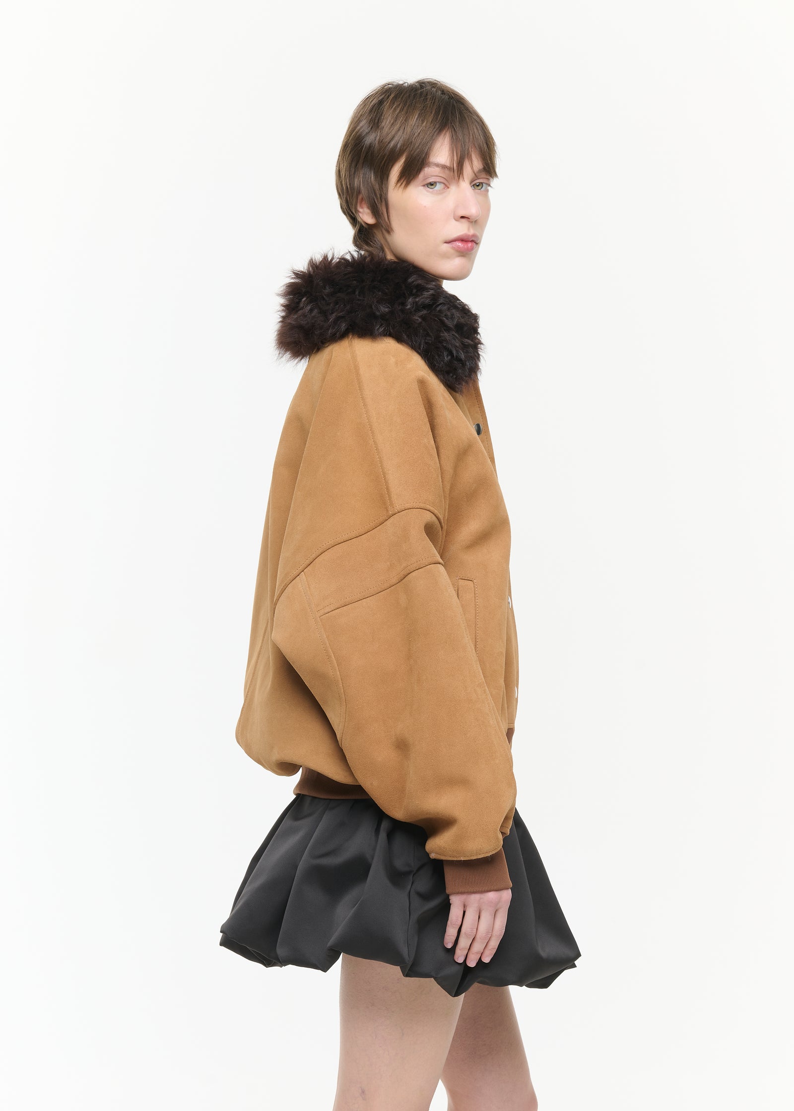 SUEDE BOMBER JACKET WITH DETACHABLE COLLAR