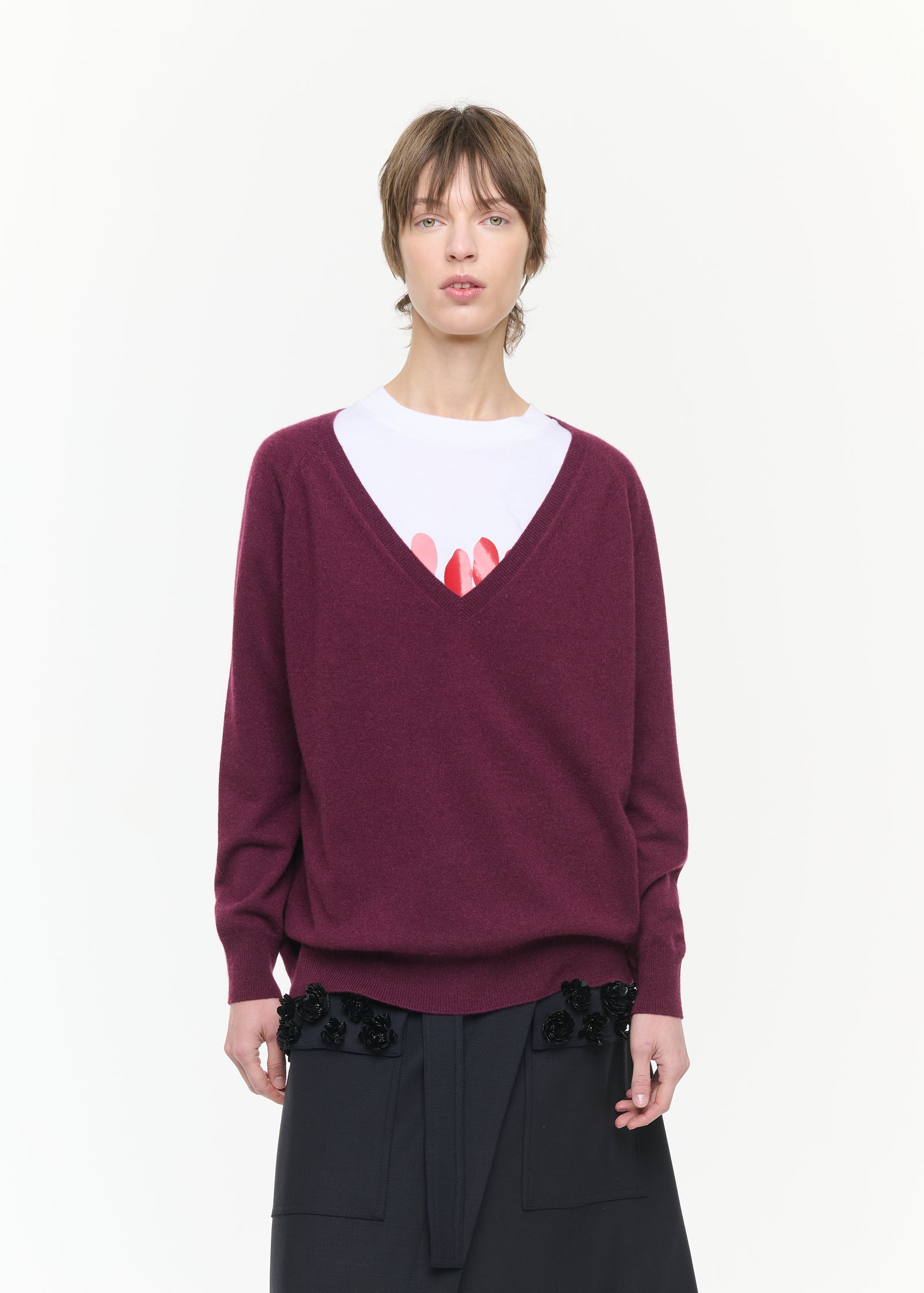 RED PURPLE CASHMERE V-NECK SWEATER