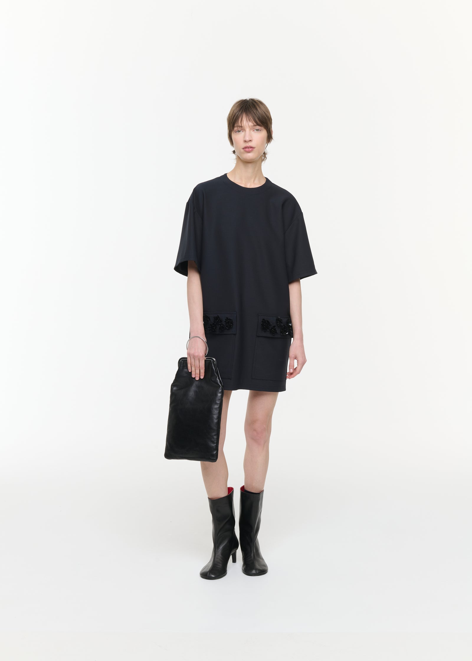 EMBROIDERED POCKET WOOL MINI DRESS