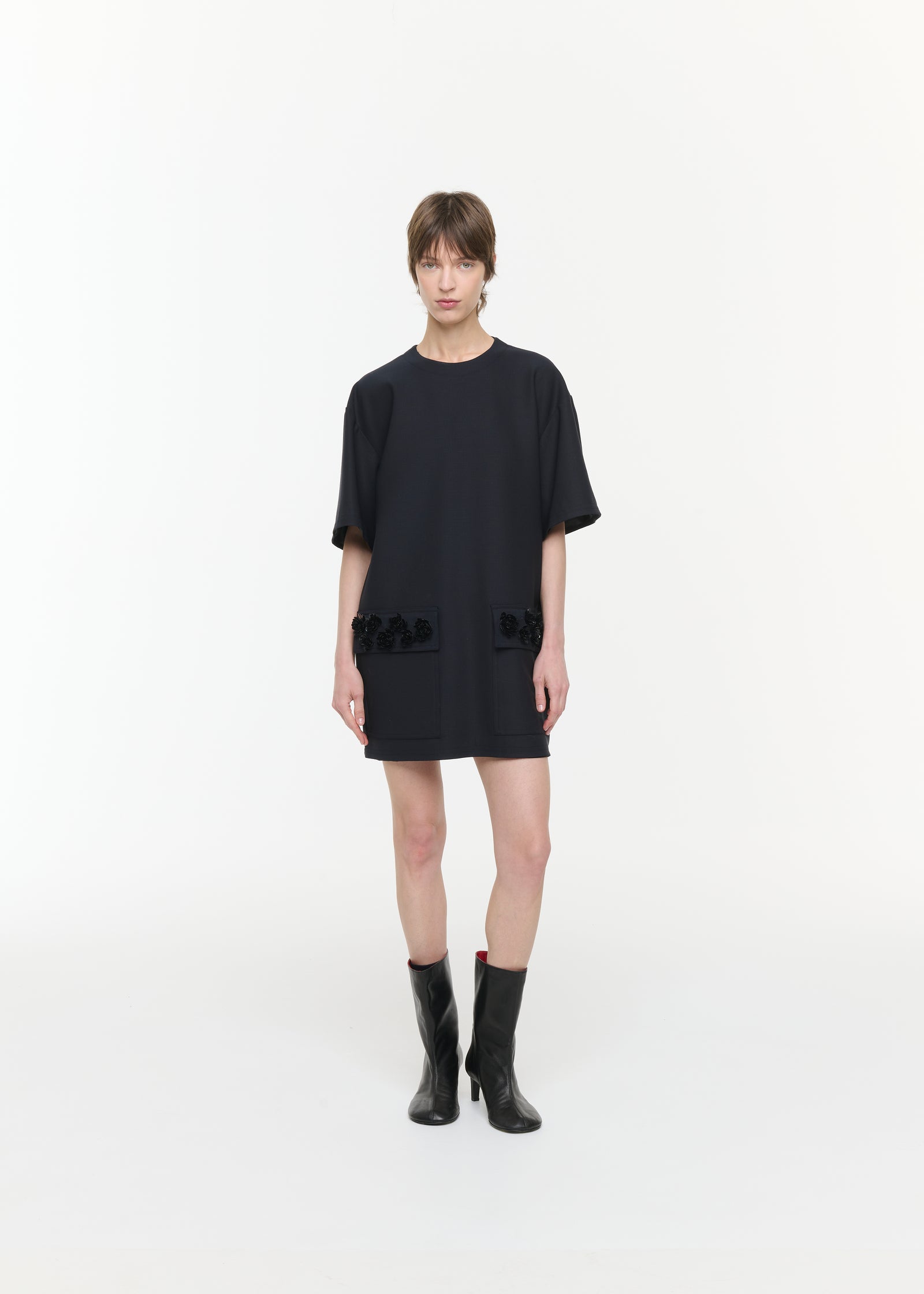 EMBROIDERED POCKET WOOL MINI DRESS