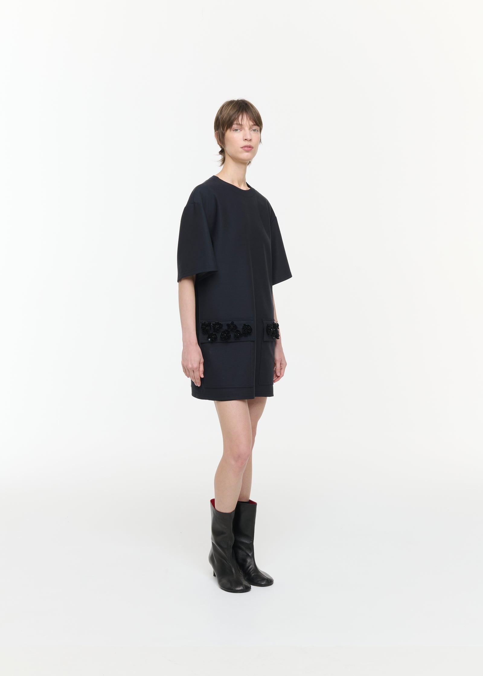 EMBROIDERED POCKET WOOL MINI DRESS