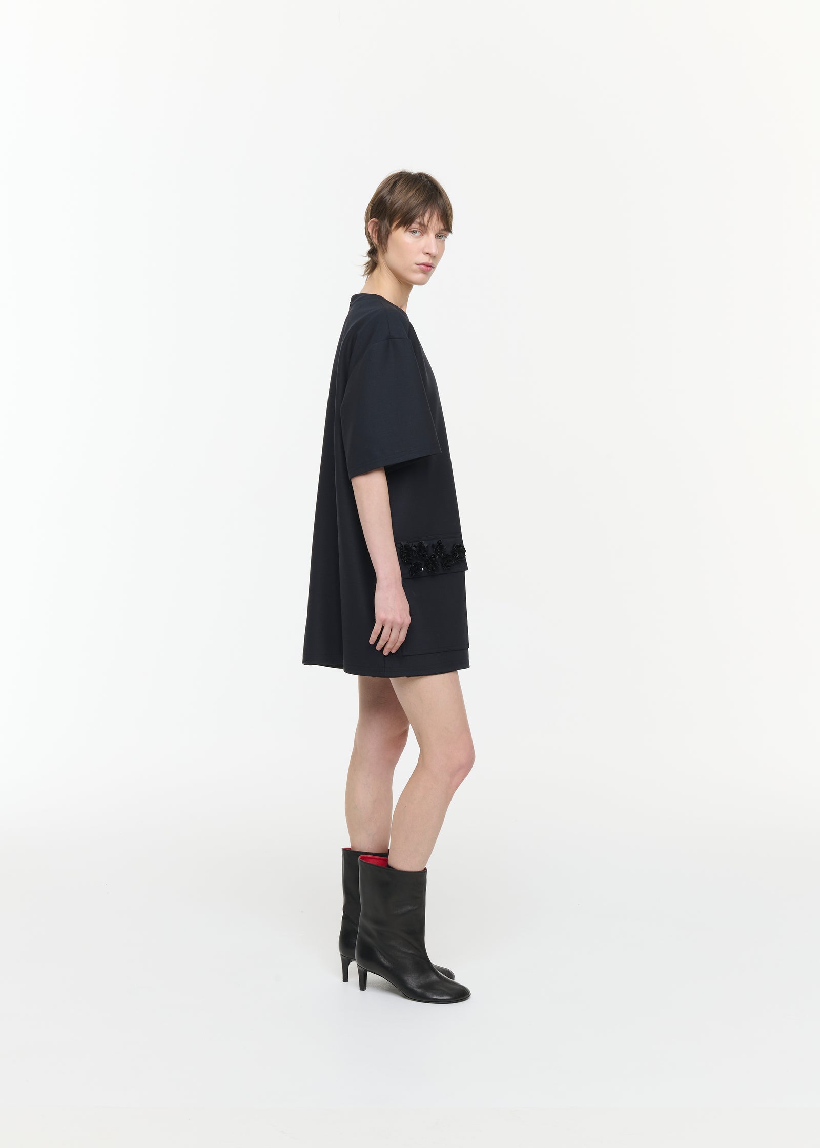 EMBROIDERED POCKET WOOL MINI DRESS