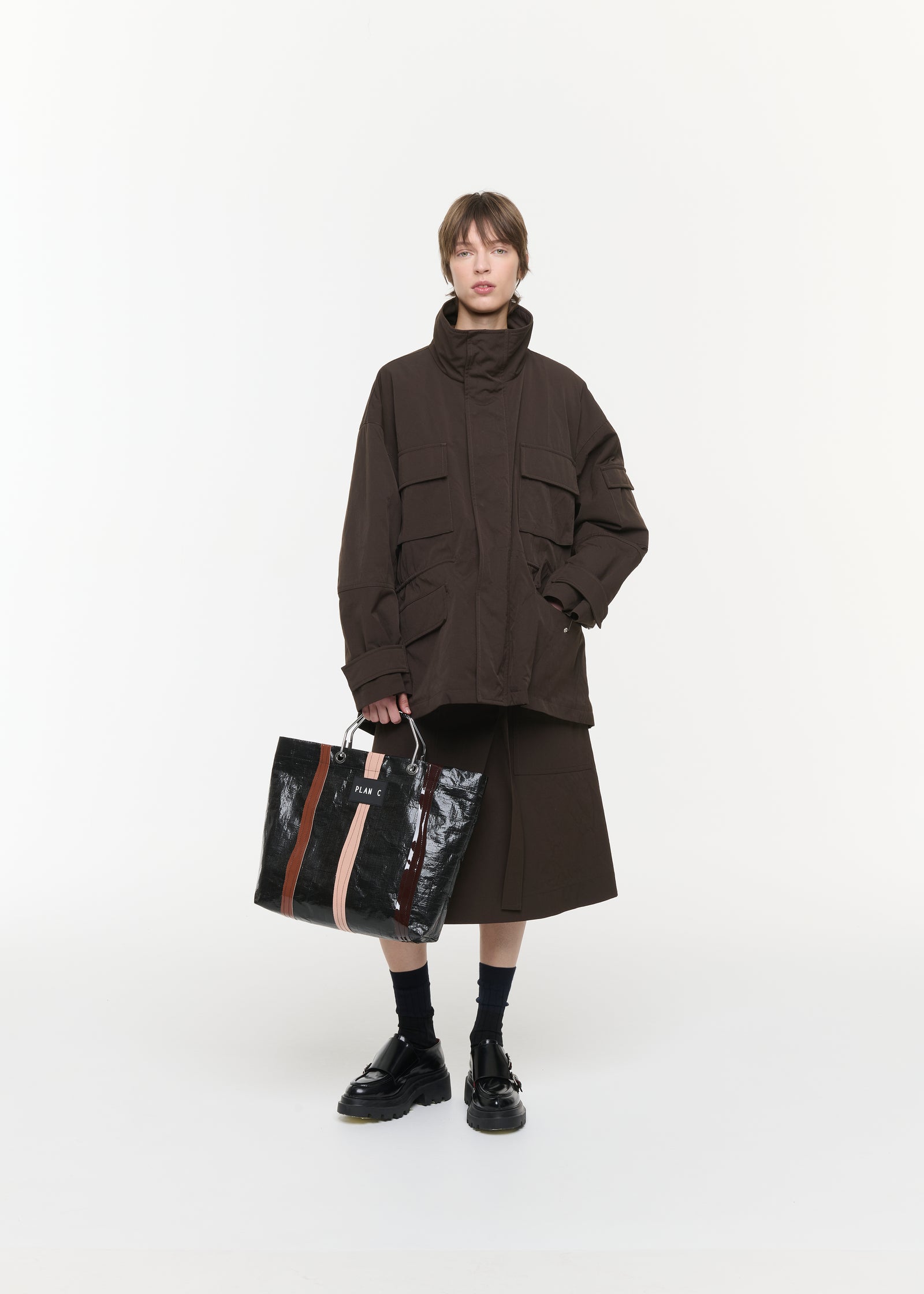 DARK BROWN TECHNICAL TWILL CARGO JACKET