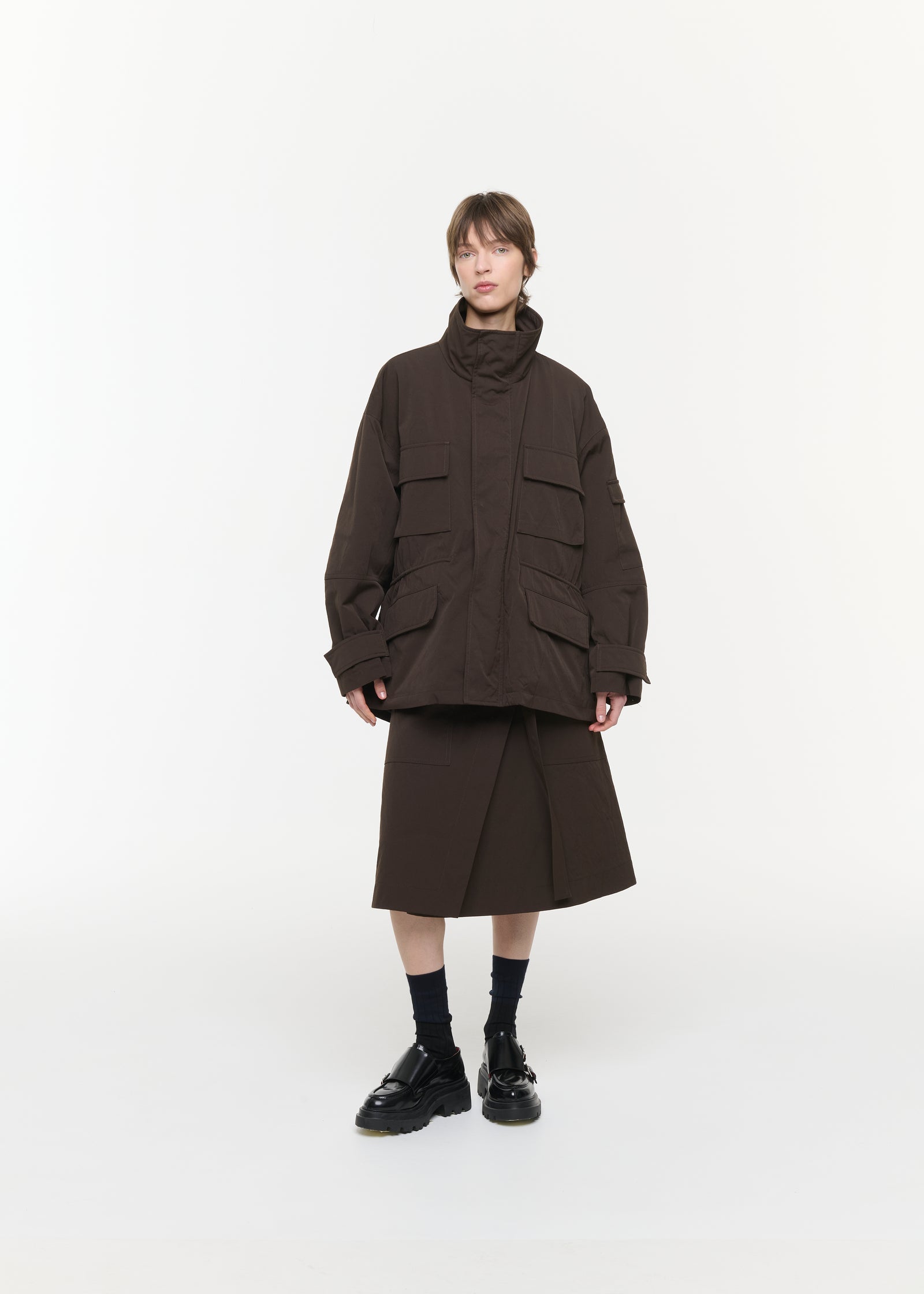 DARK BROWN TECHNICAL TWILL CARGO JACKET
