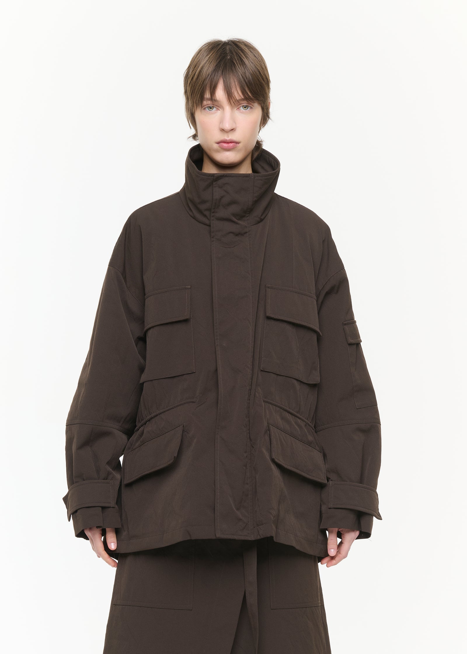 DARK BROWN TECHNICAL TWILL CARGO JACKET