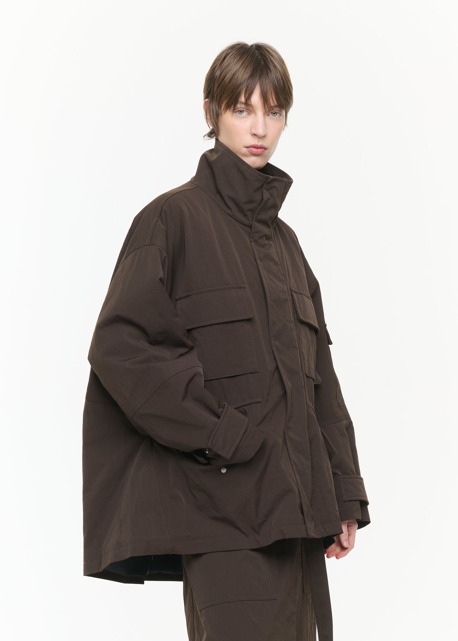 DARK BROWN TECHNICAL TWILL CARGO JACKET