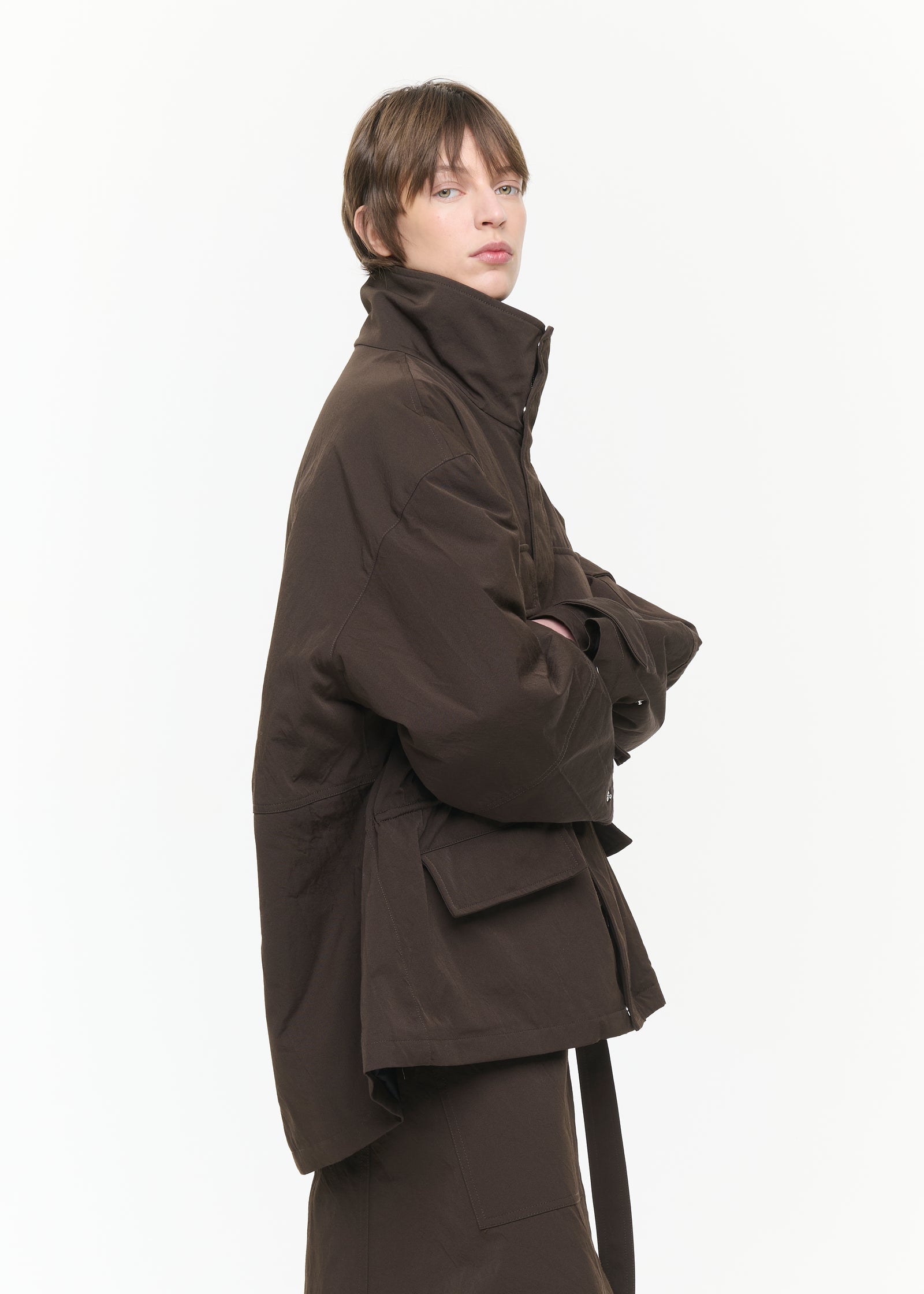 DARK BROWN TECHNICAL TWILL CARGO JACKET