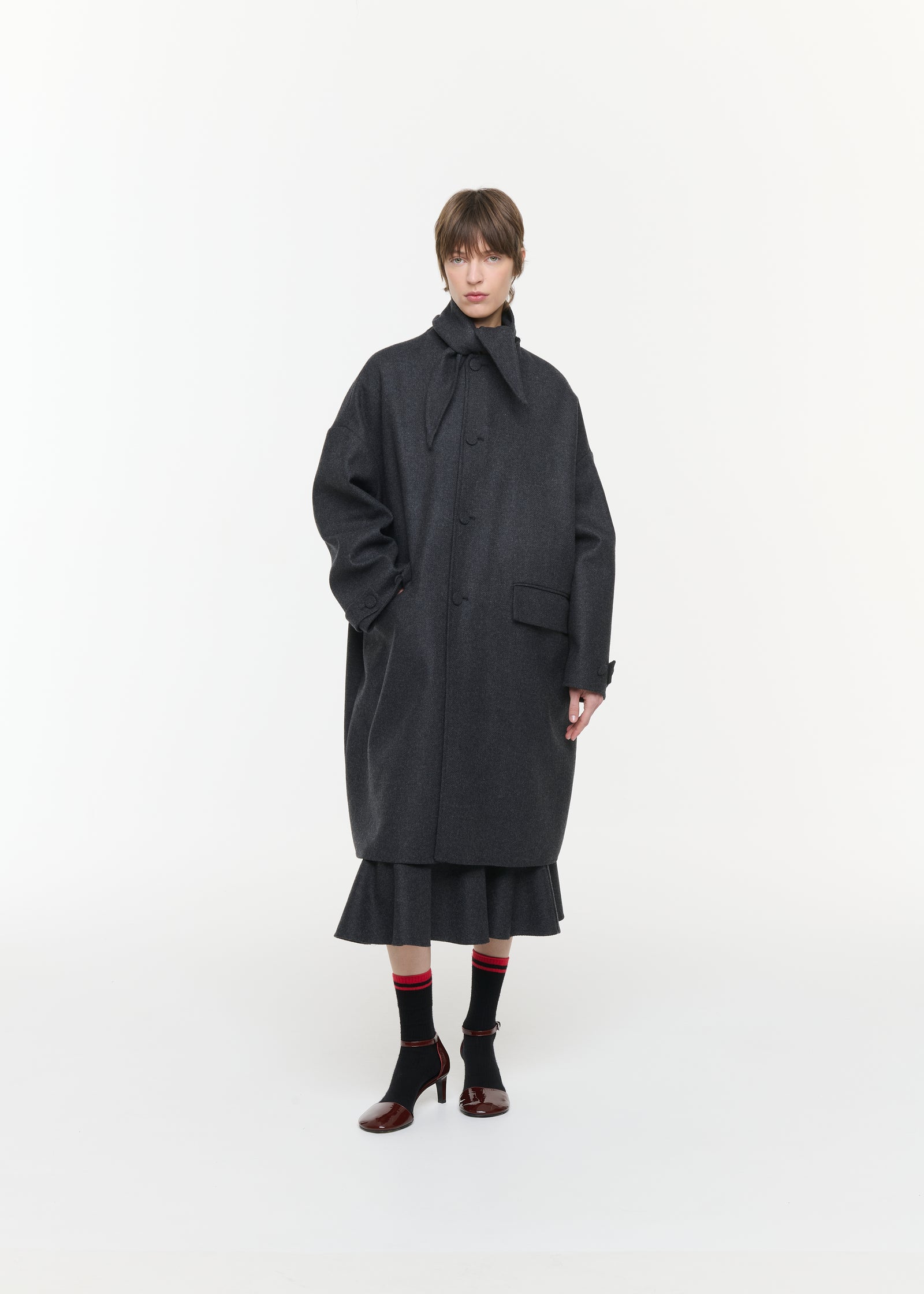 DOUBLE FACED WOOL MELANGE COAT WITH SCARF