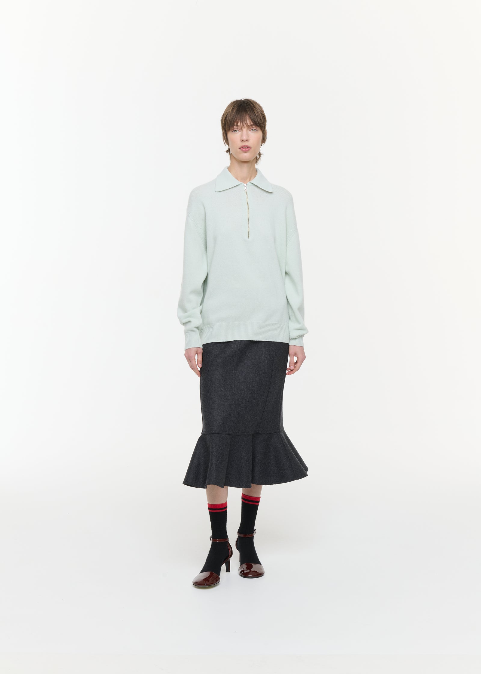 PASTEL GREEN HALF ZIP WOOL CASHMERE POLO SHIRT