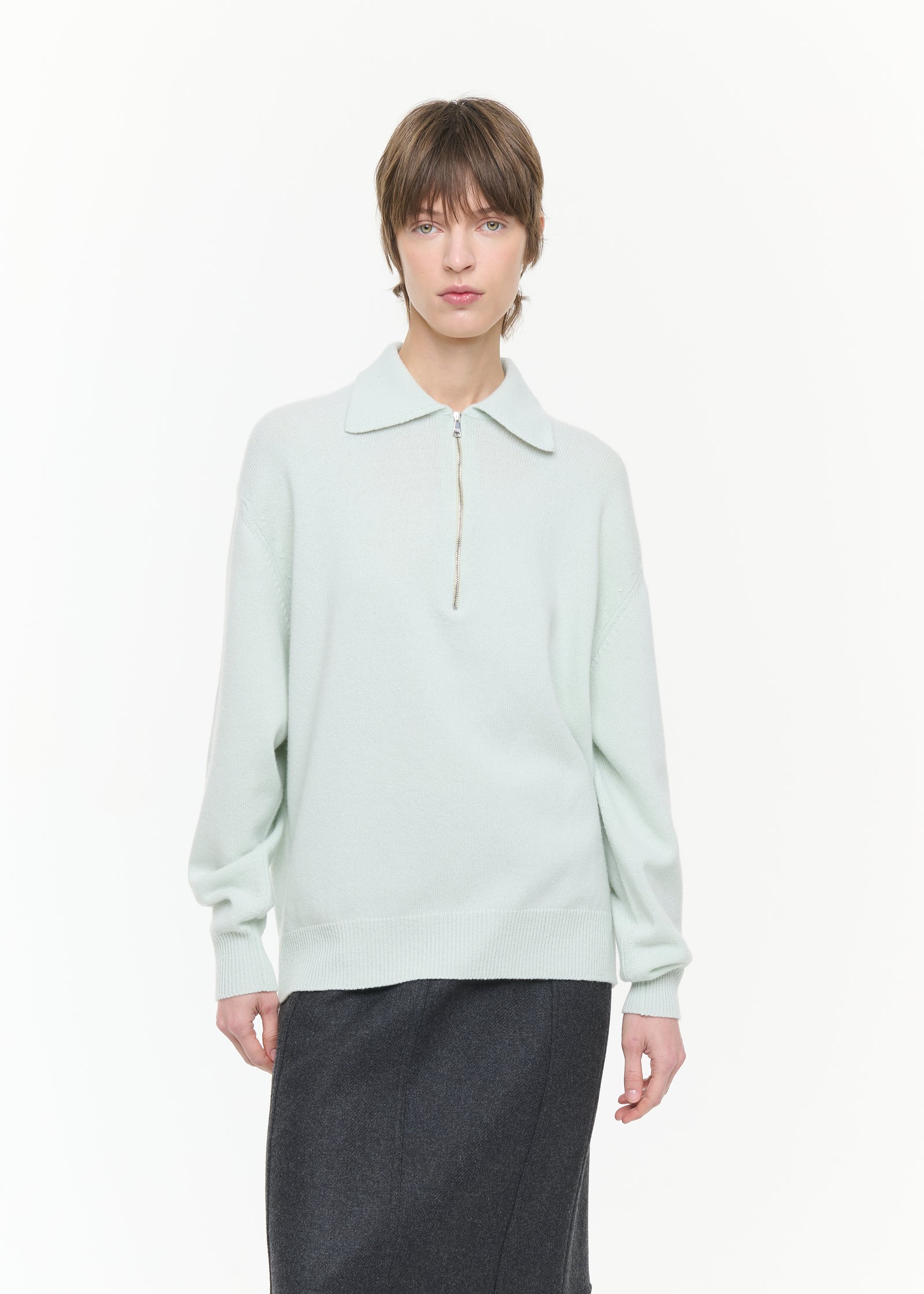 PASTEL GREEN HALF ZIP WOOL CASHMERE POLO SHIRT