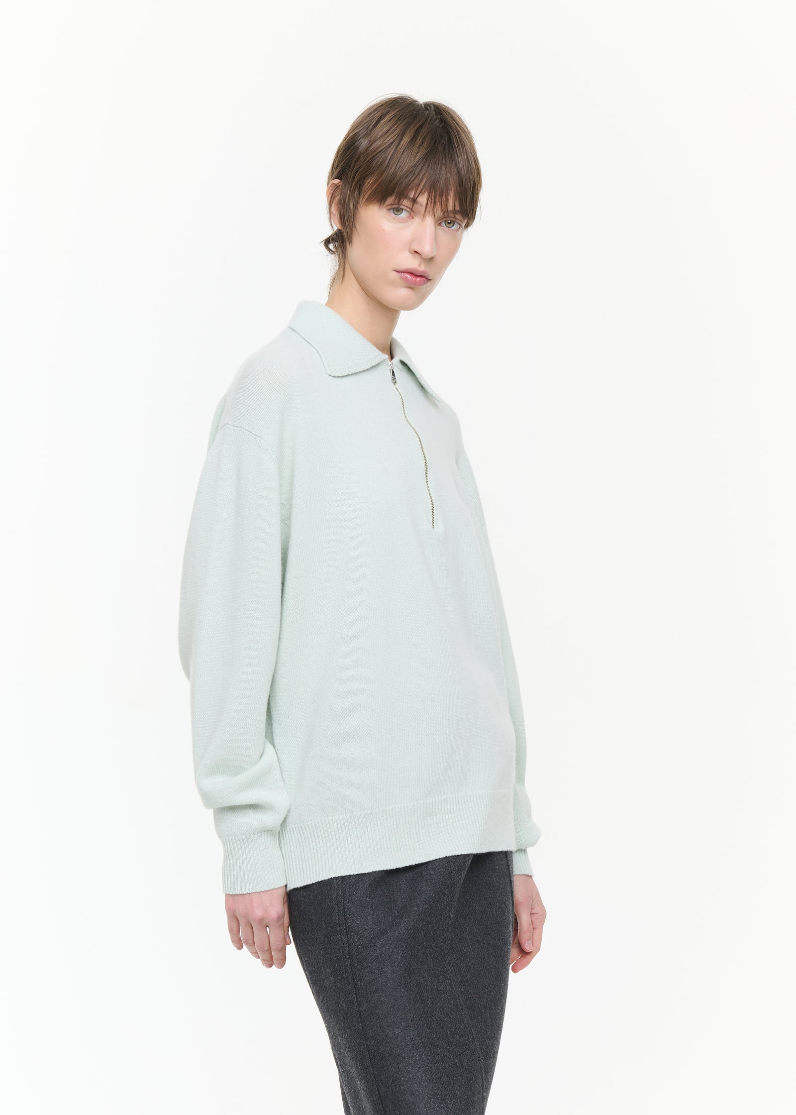 PASTEL GREEN HALF ZIP WOOL CASHMERE POLO SHIRT