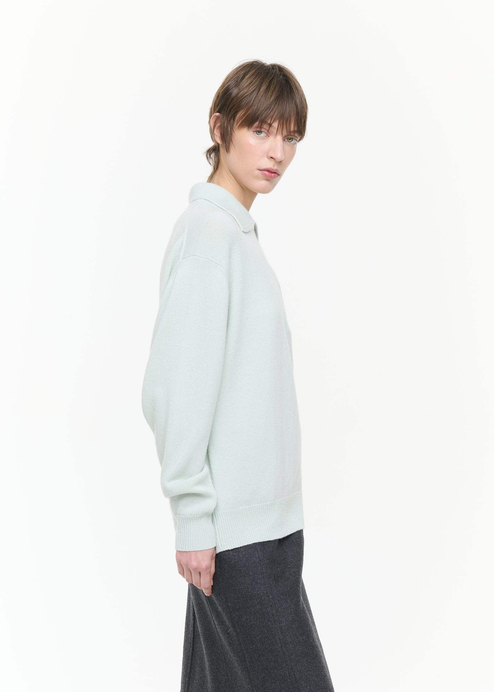 PASTEL GREEN HALF ZIP WOOL CASHMERE POLO SHIRT