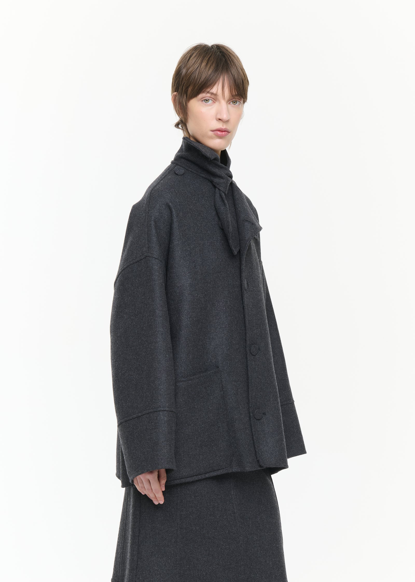 ASYMMETRIC SCARF COLLAR WOOL JACKET