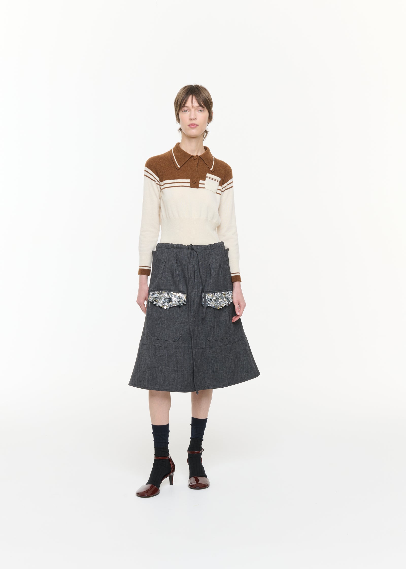 GREY A-LINE SKIRT WITH SEQUIN POCKETS