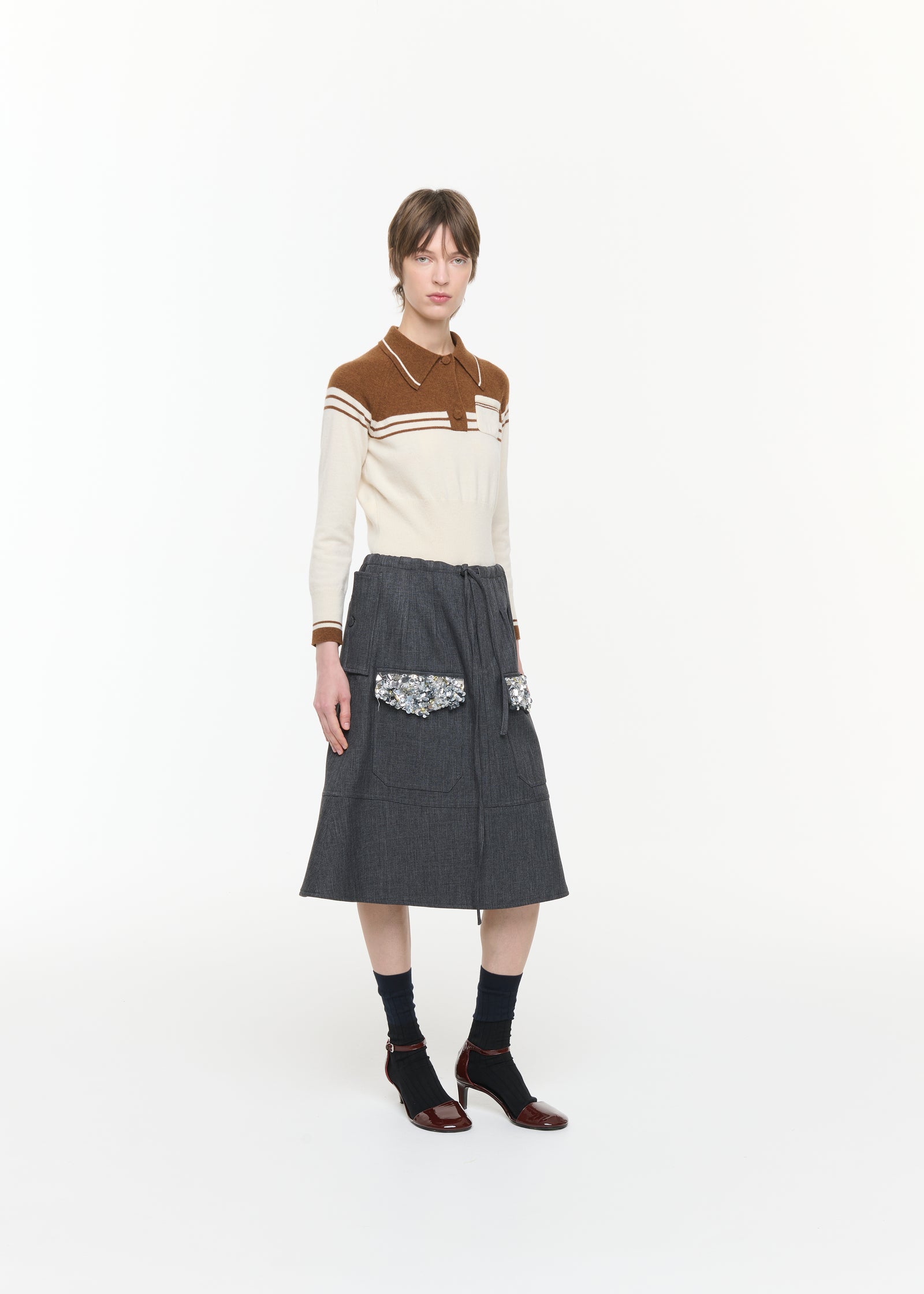 GREY A-LINE SKIRT WITH SEQUIN POCKETS