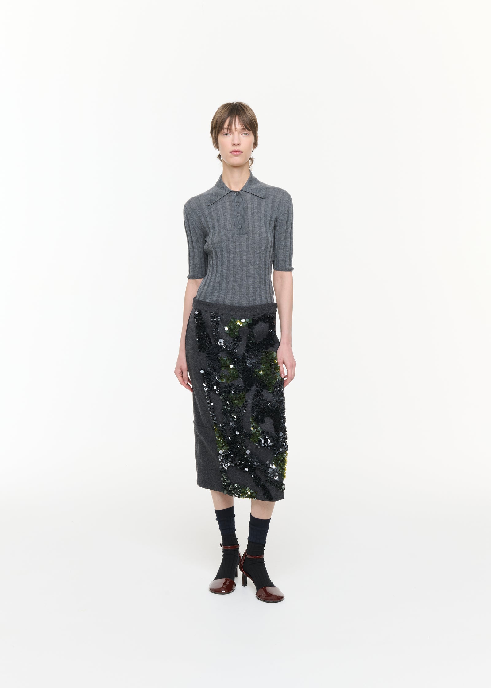 GREY WOOL SKIRT WITH SEQUINS PANEL