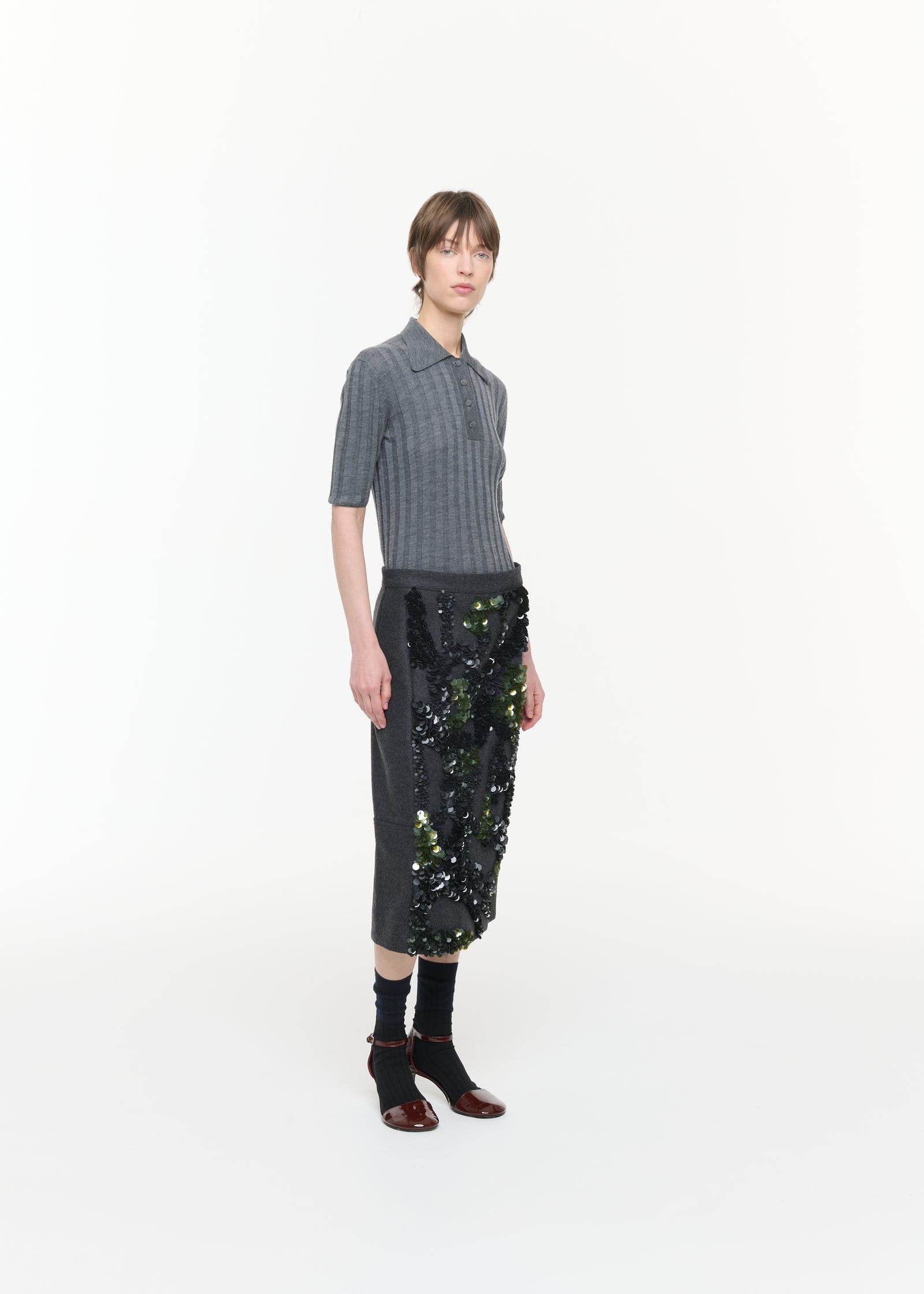 GREY WOOL SKIRT WITH SEQUINS PANEL