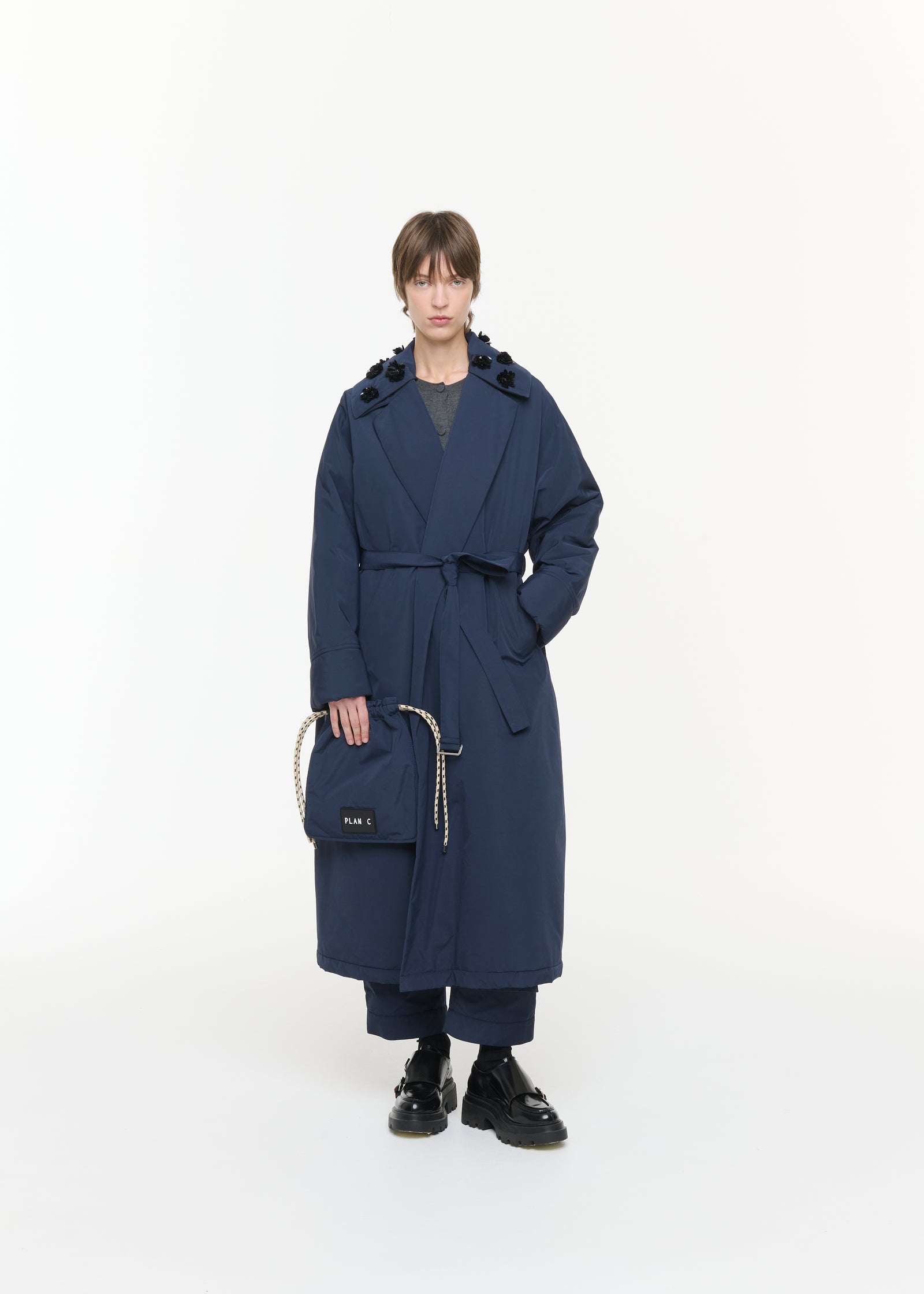 NAVY TAFFETA ROBE COAT
