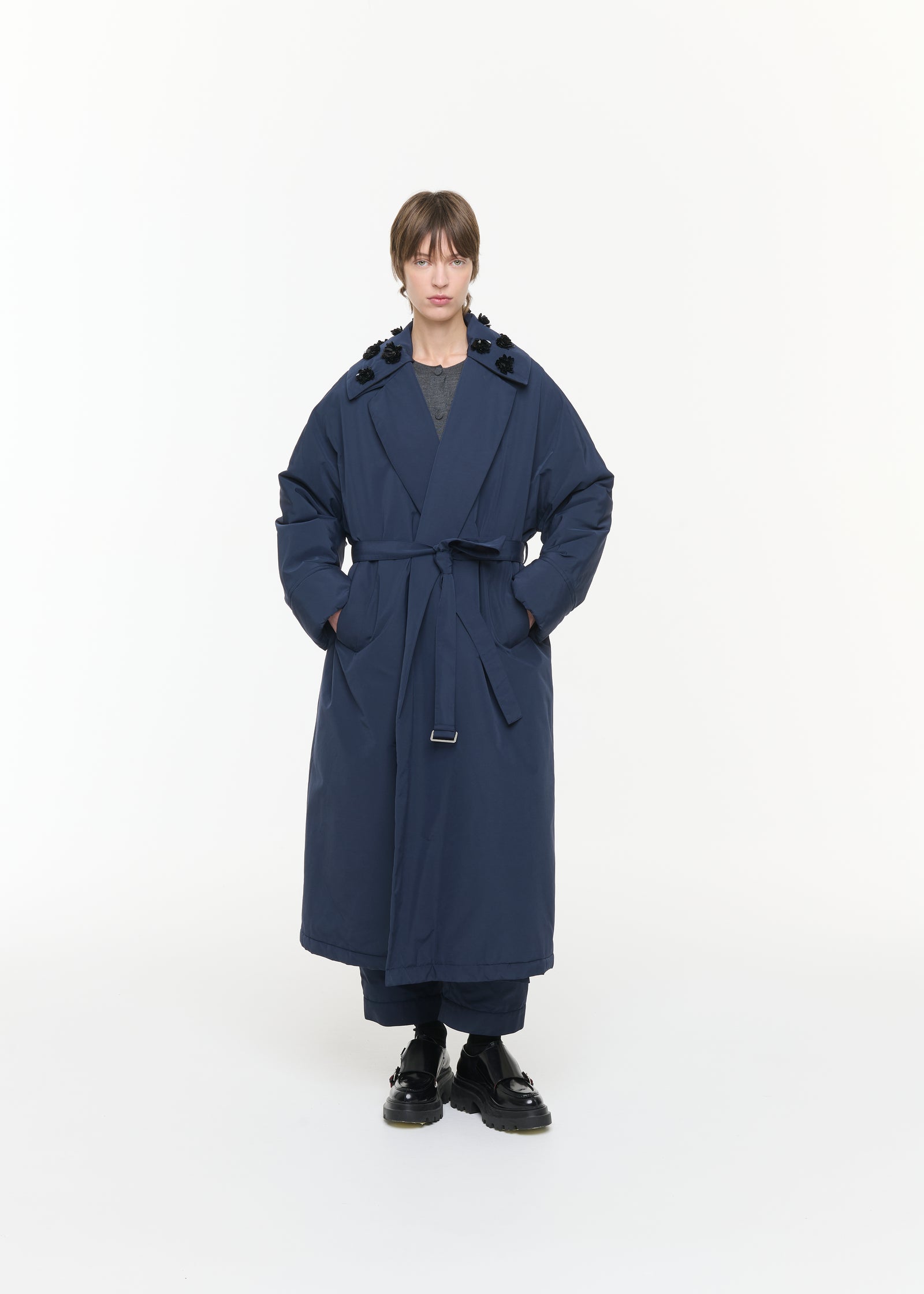 NAVY TAFFETA ROBE COAT
