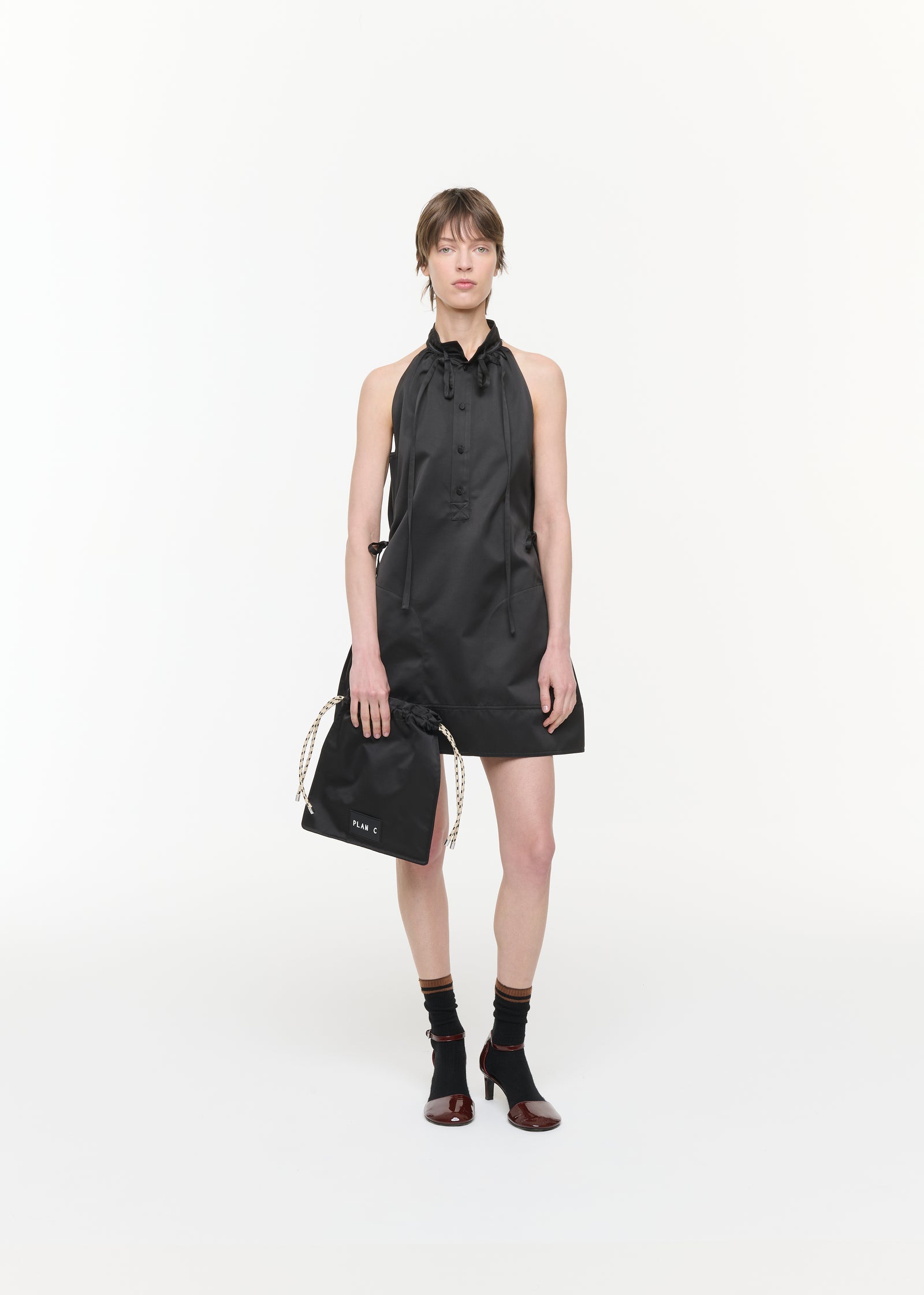 BLACK DUCHESSE MINI HALTER DRESS