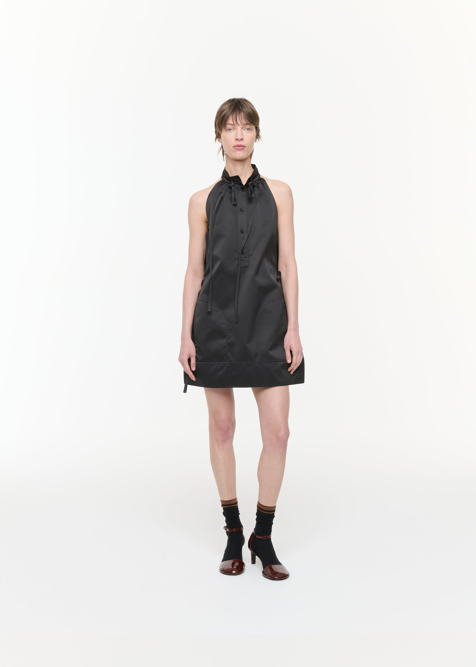 BLACK DUCHESSE MINI HALTER DRESS