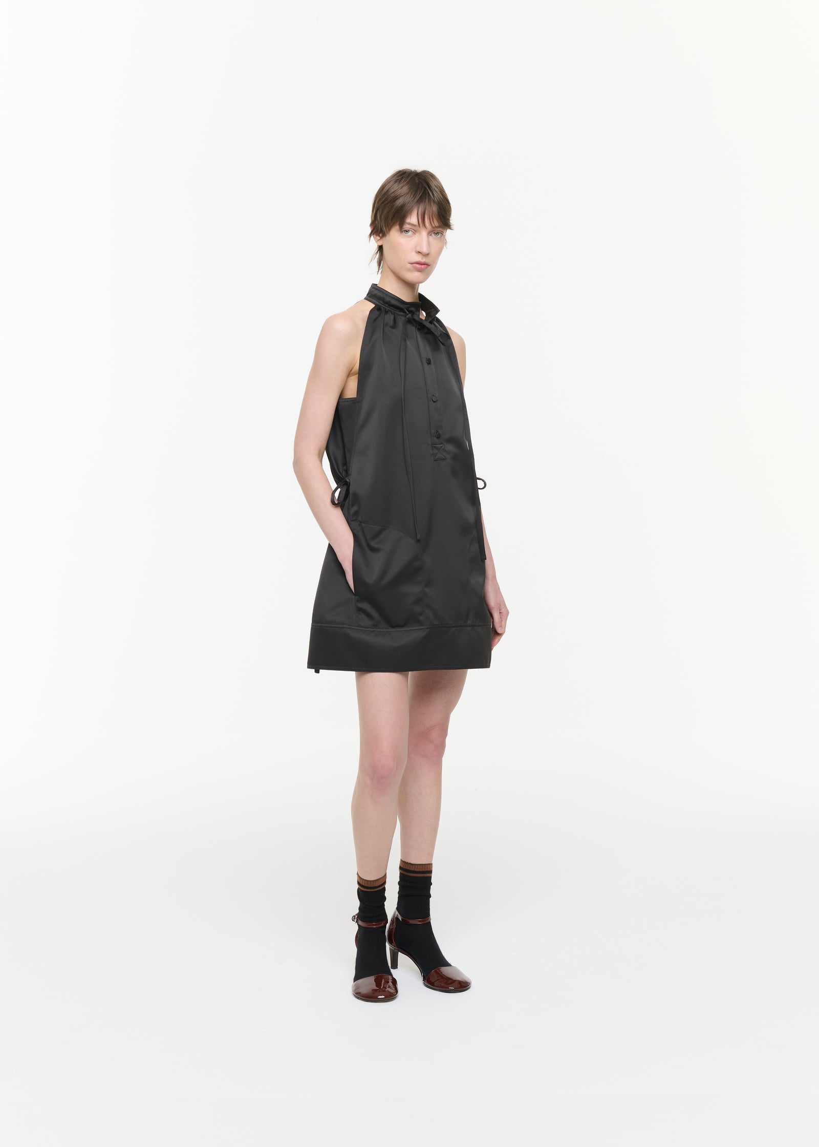 BLACK DUCHESSE MINI HALTER DRESS