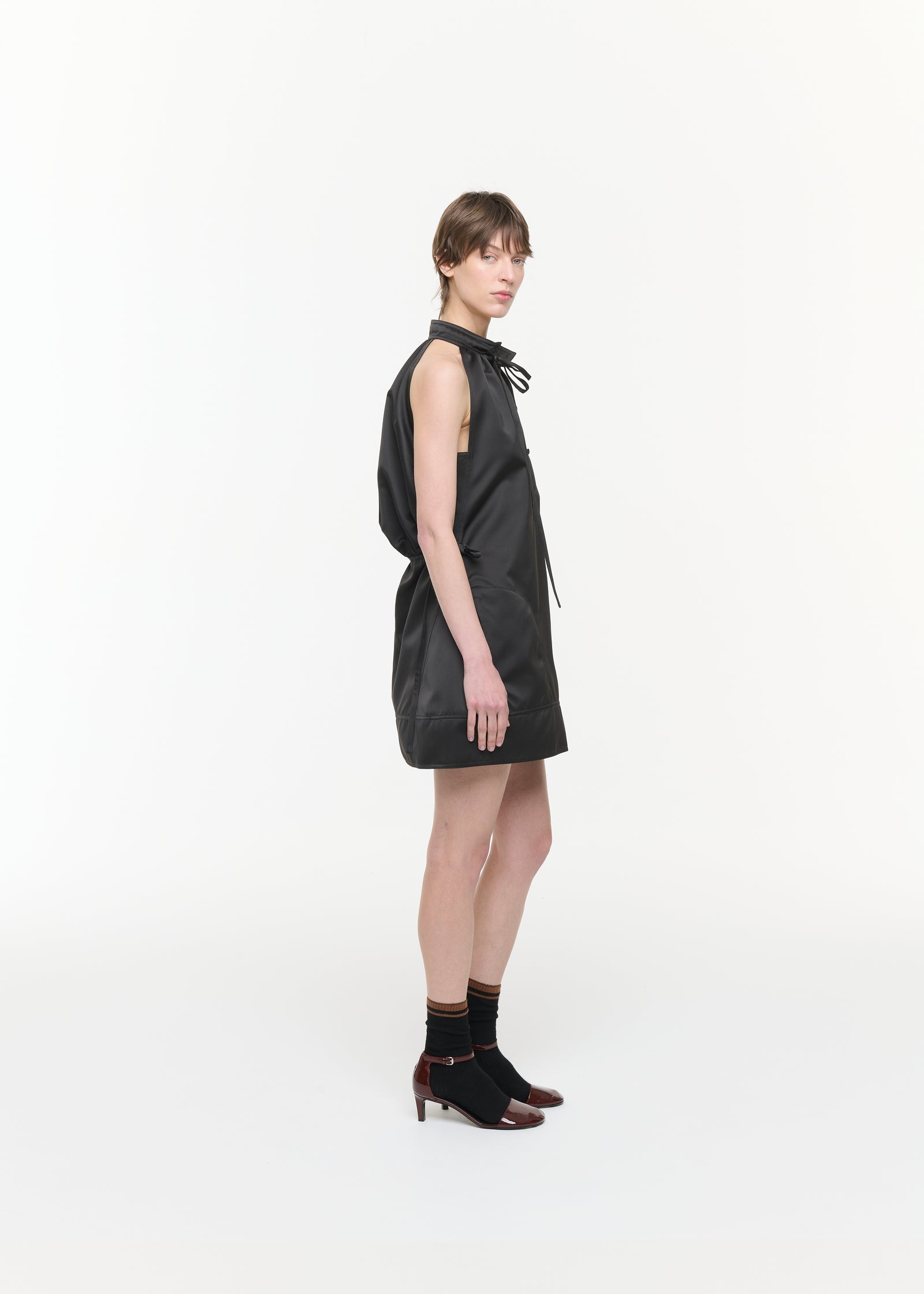 BLACK DUCHESSE MINI HALTER DRESS