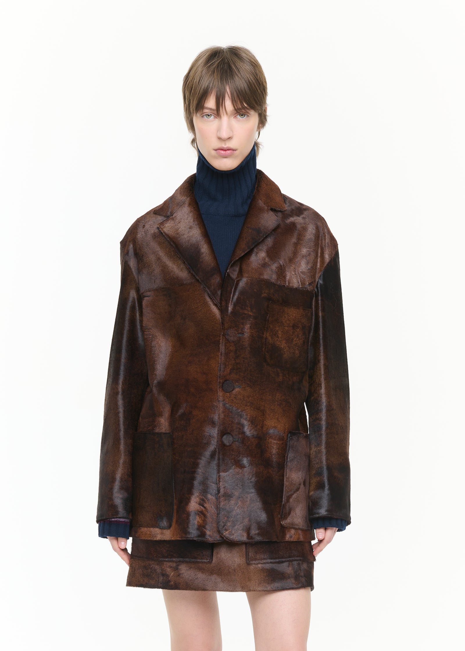 SHORT-HAIR CALF LEATHER BLAZER