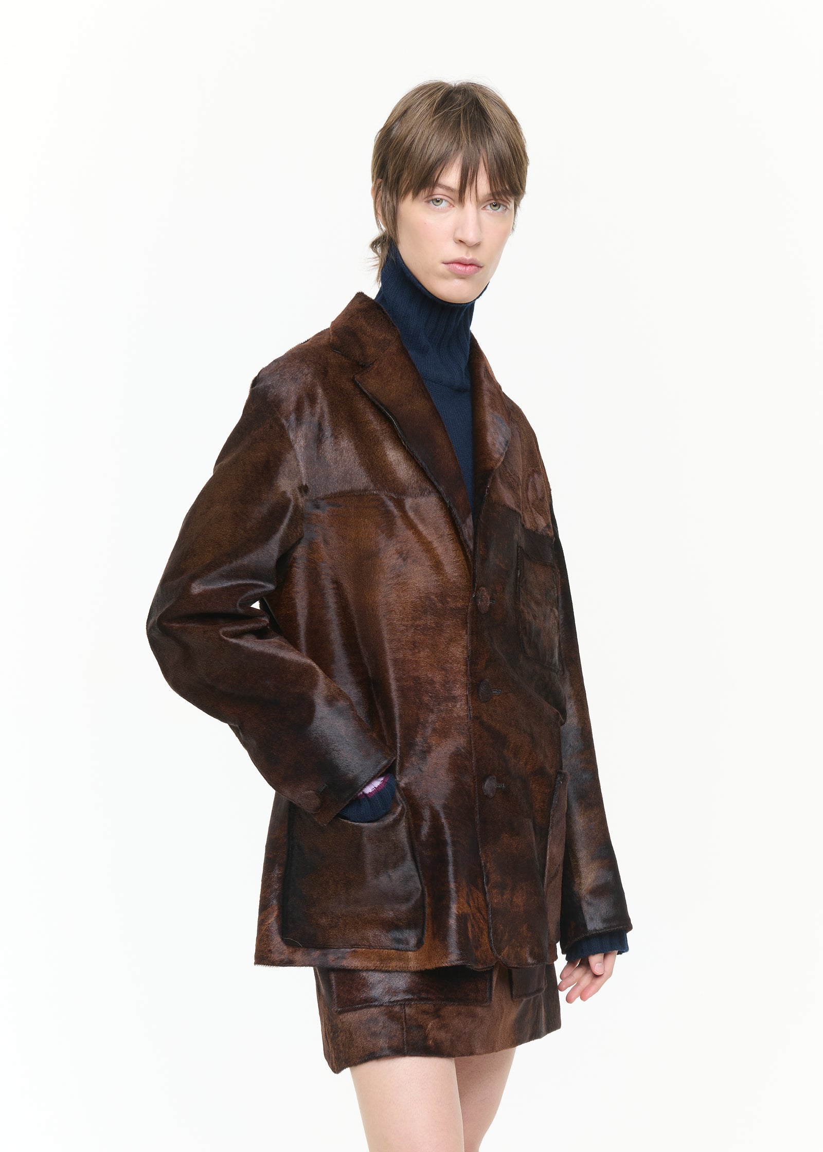 SHORT-HAIR CALF LEATHER BLAZER