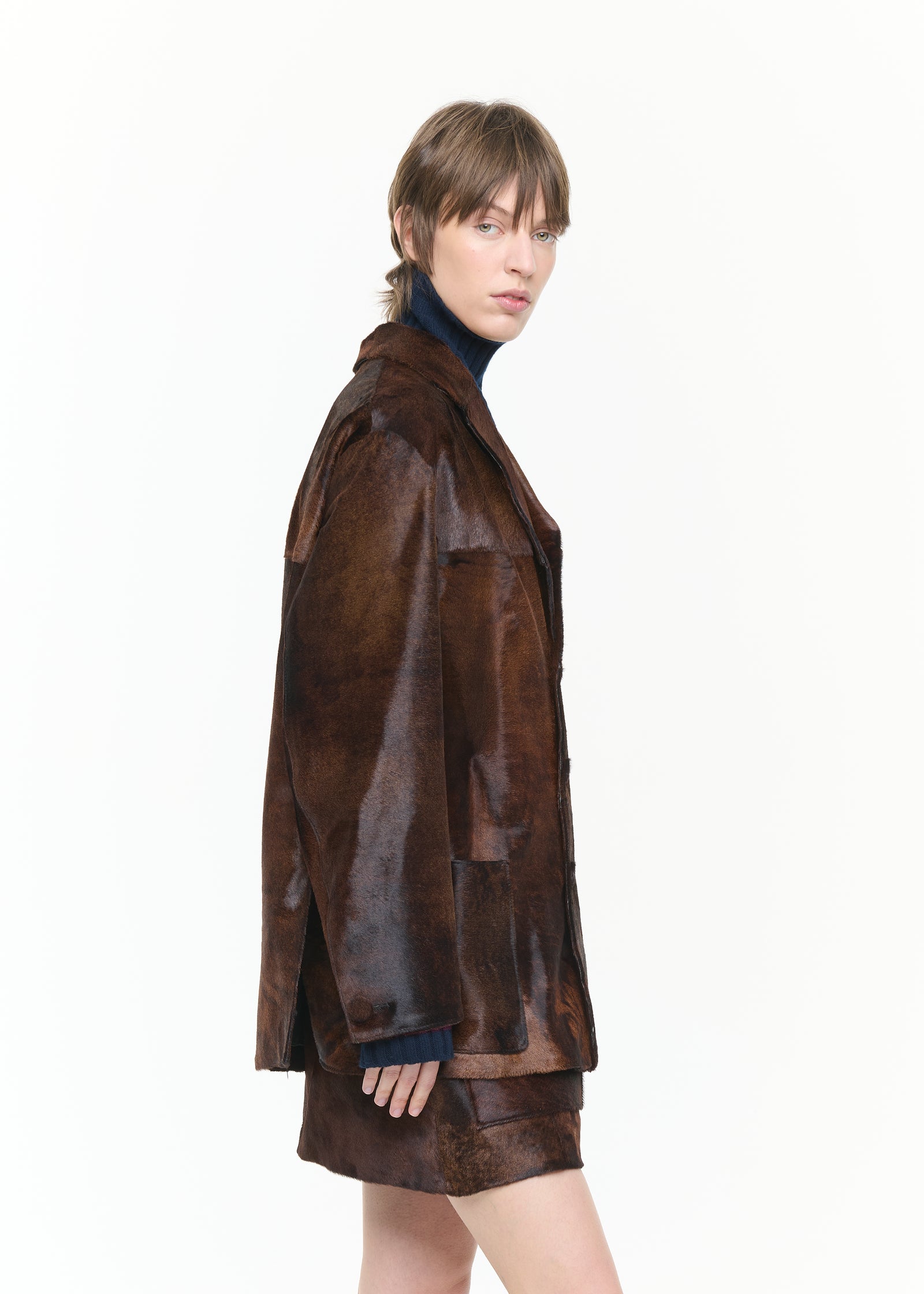 SHORT-HAIR CALF LEATHER BLAZER