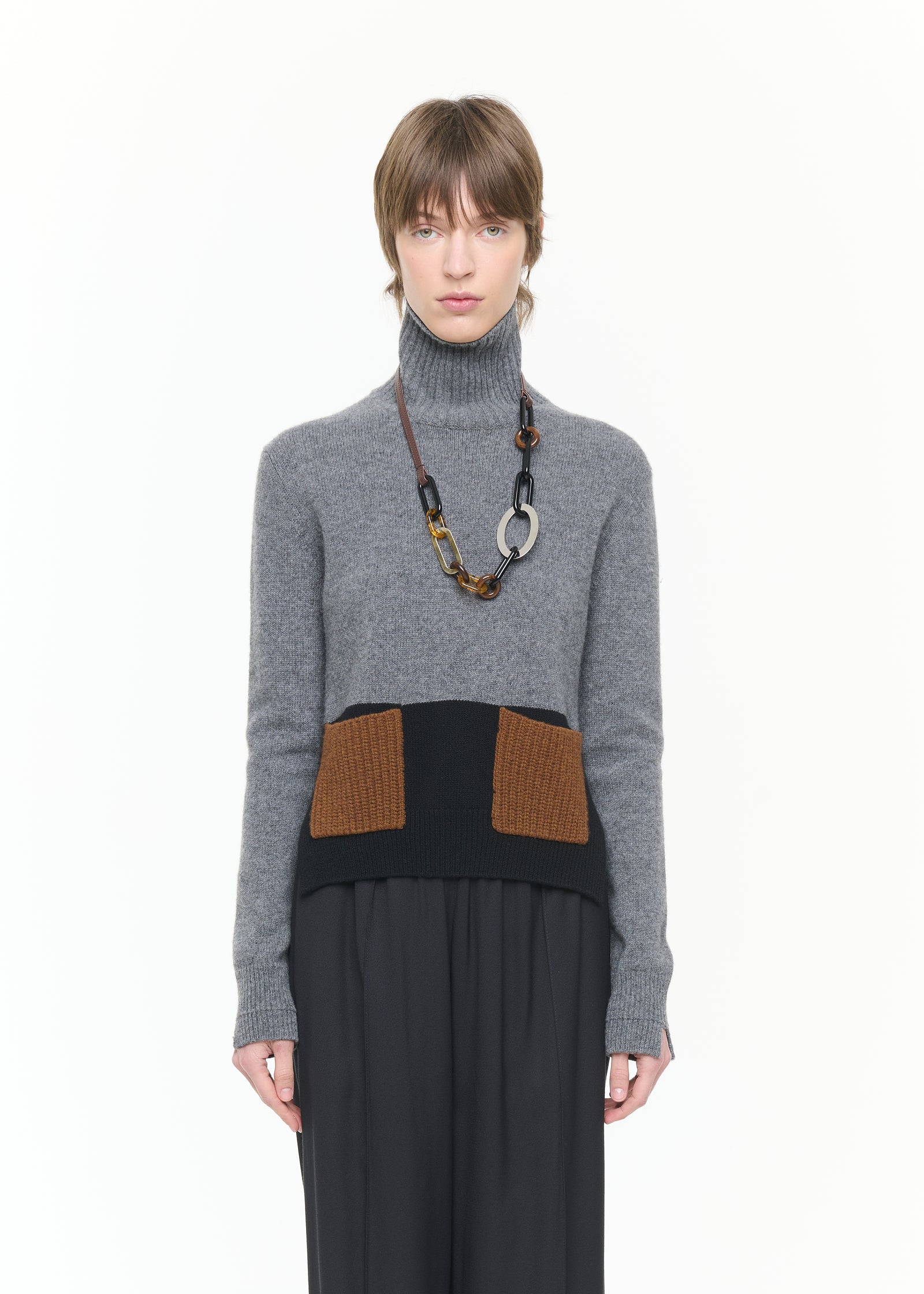 GREY CASHMERE TURTLENECK POCKETS SWEATER