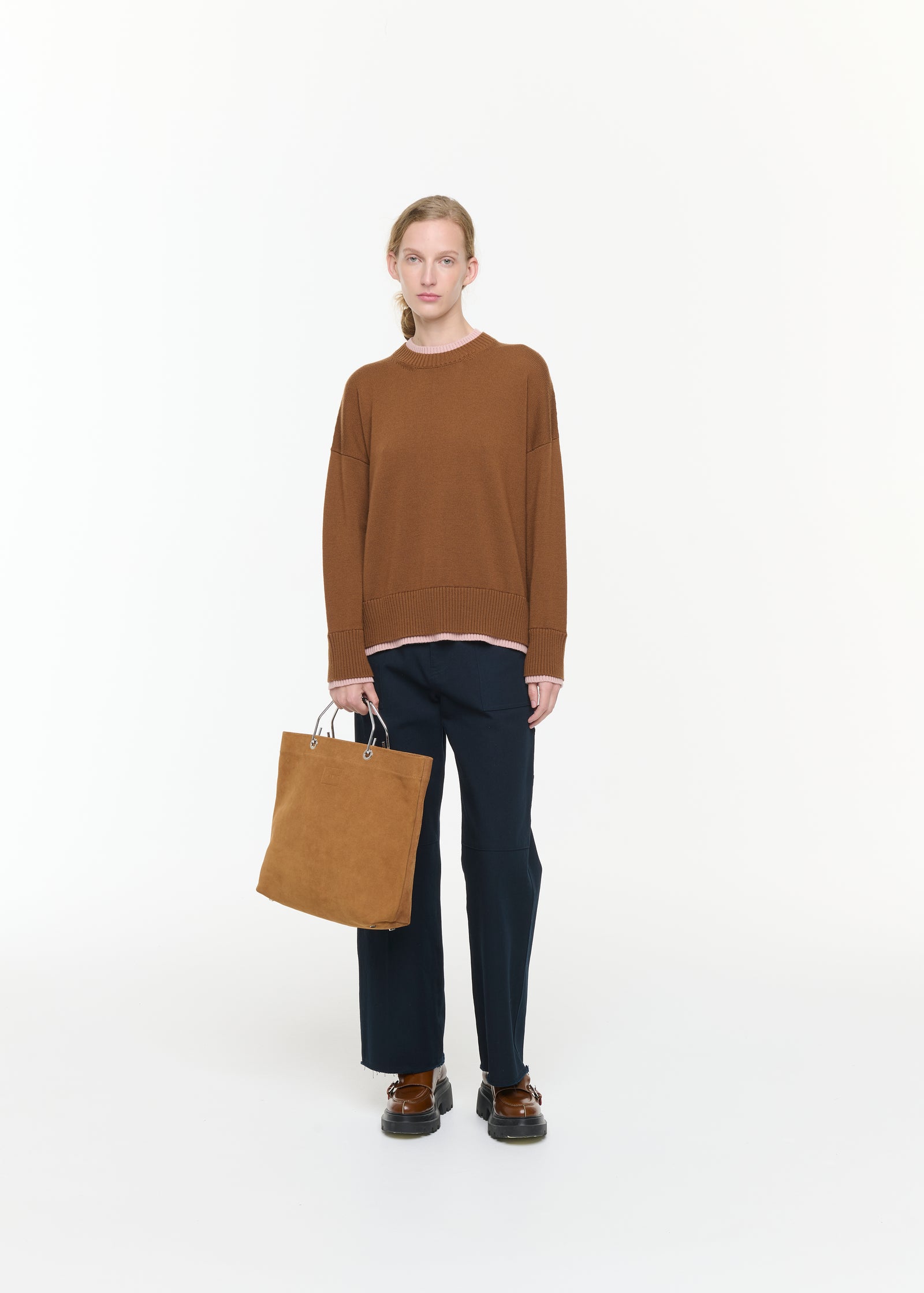 BROWN WOOL SWEATER WITH PINK CONTRAST DETAILS