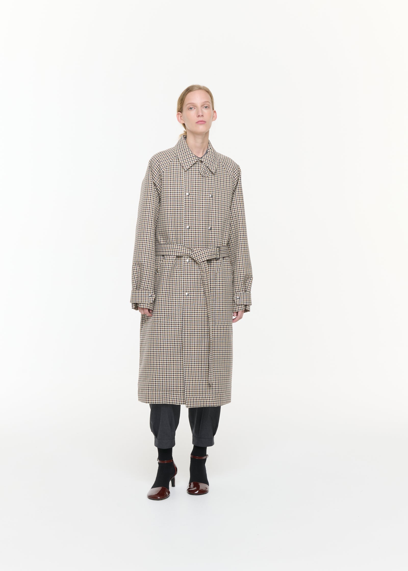 TAILORING CHECK WOOL TRENCH COAT