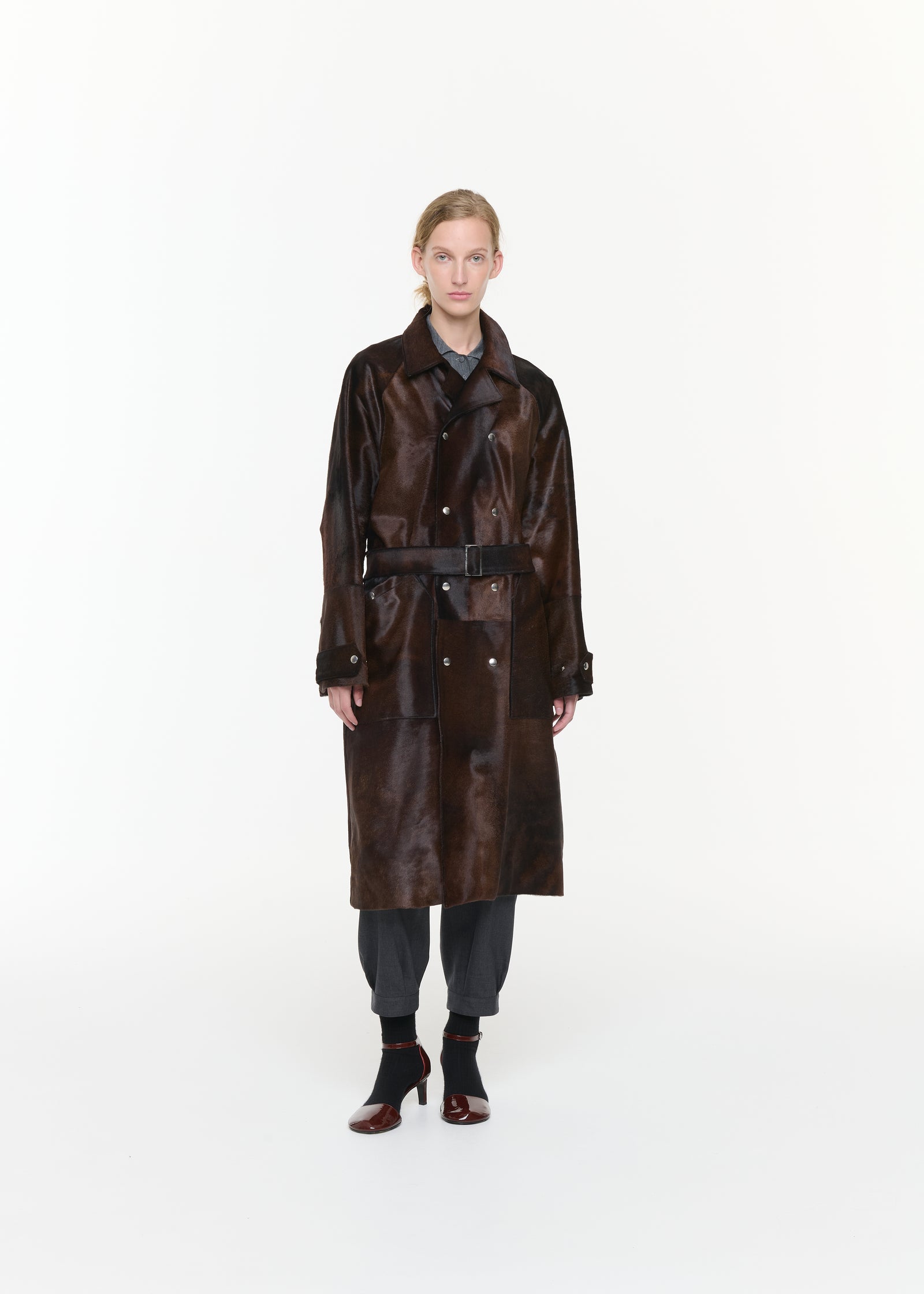 SHORT-HAIR CALF LEATHER TRENCH COAT