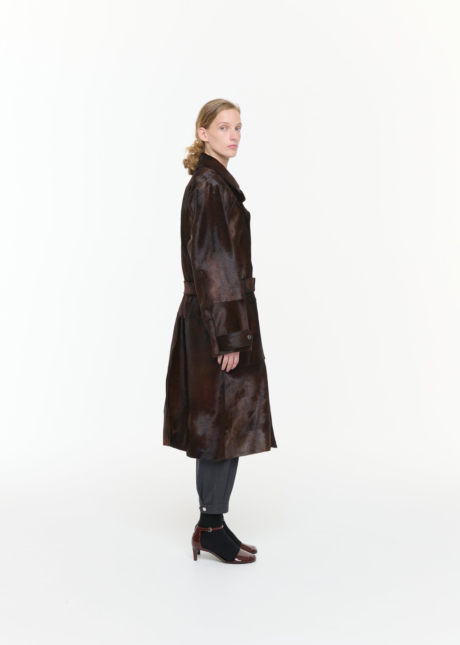SHORT-HAIR CALF LEATHER TRENCH COAT