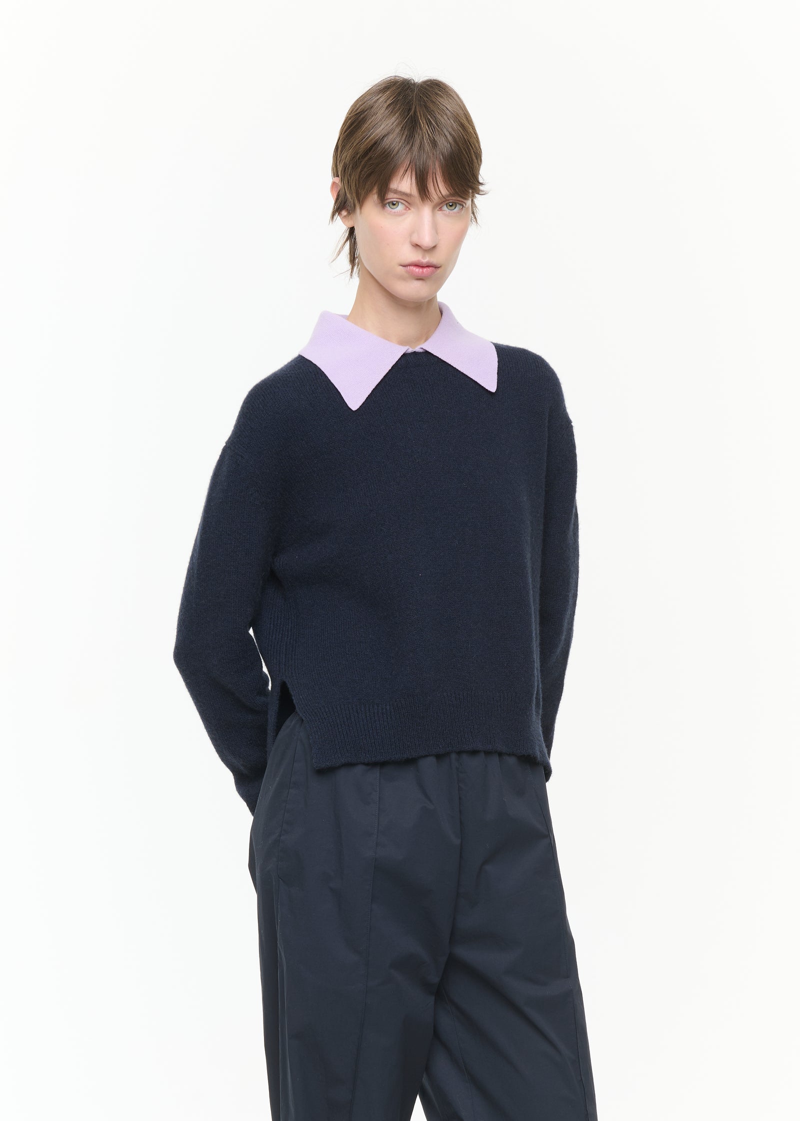 BLUE SWEATER WITH CONTRAST LILAC