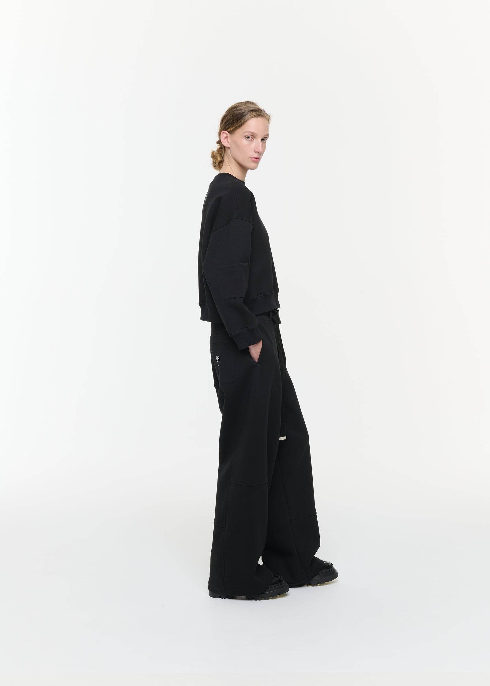 WIDE LEG BLACK FLEECE TROUSERS