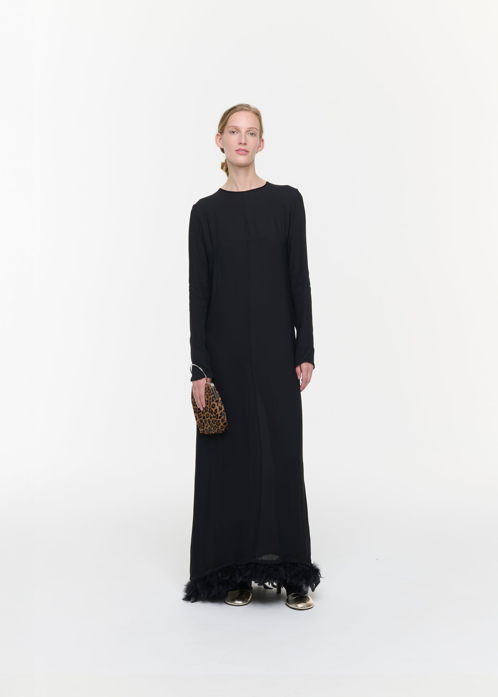 BLACK GEORGETTE LONG DRESS WITH FEATHERS