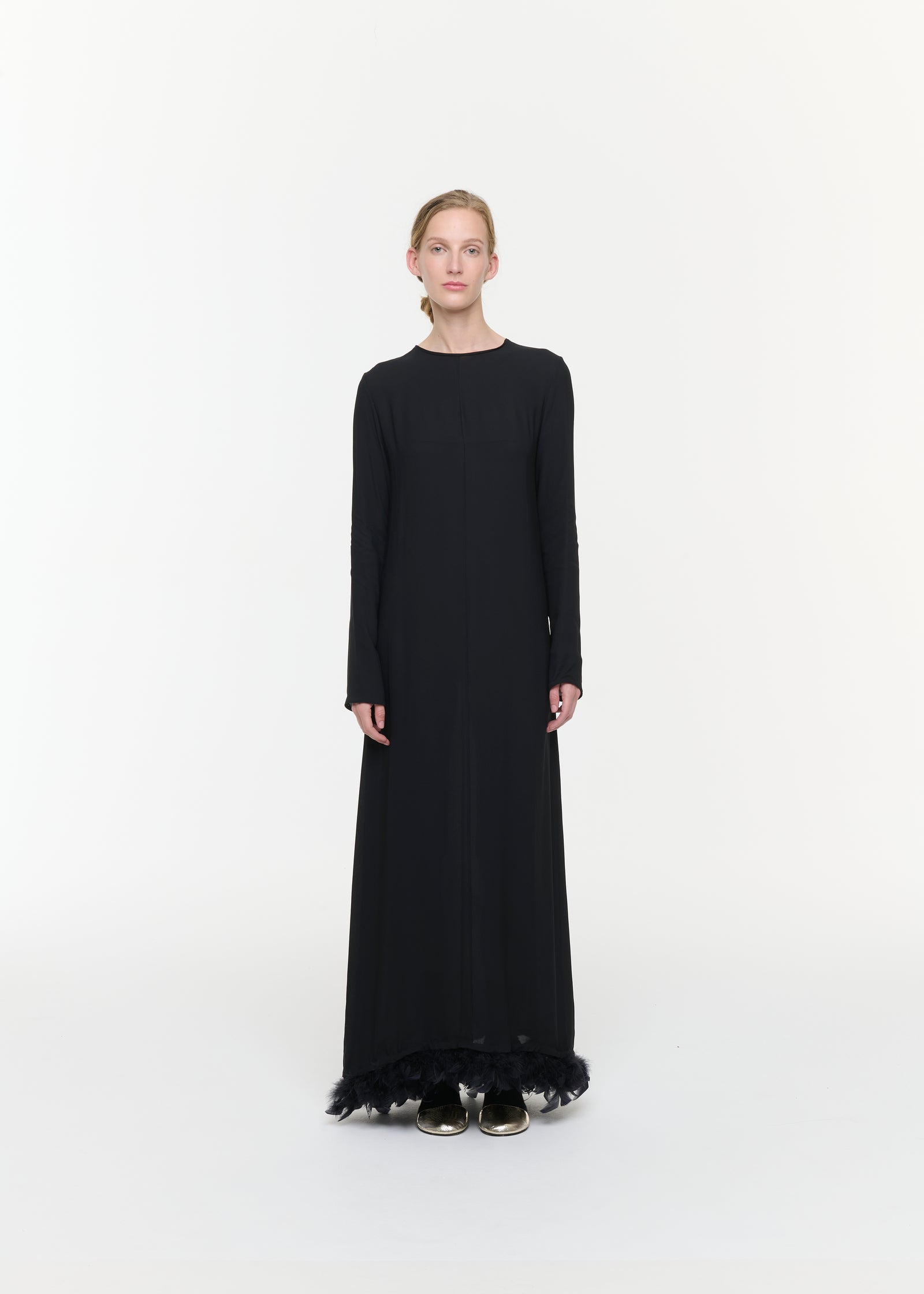 BLACK GEORGETTE LONG DRESS WITH FEATHERS