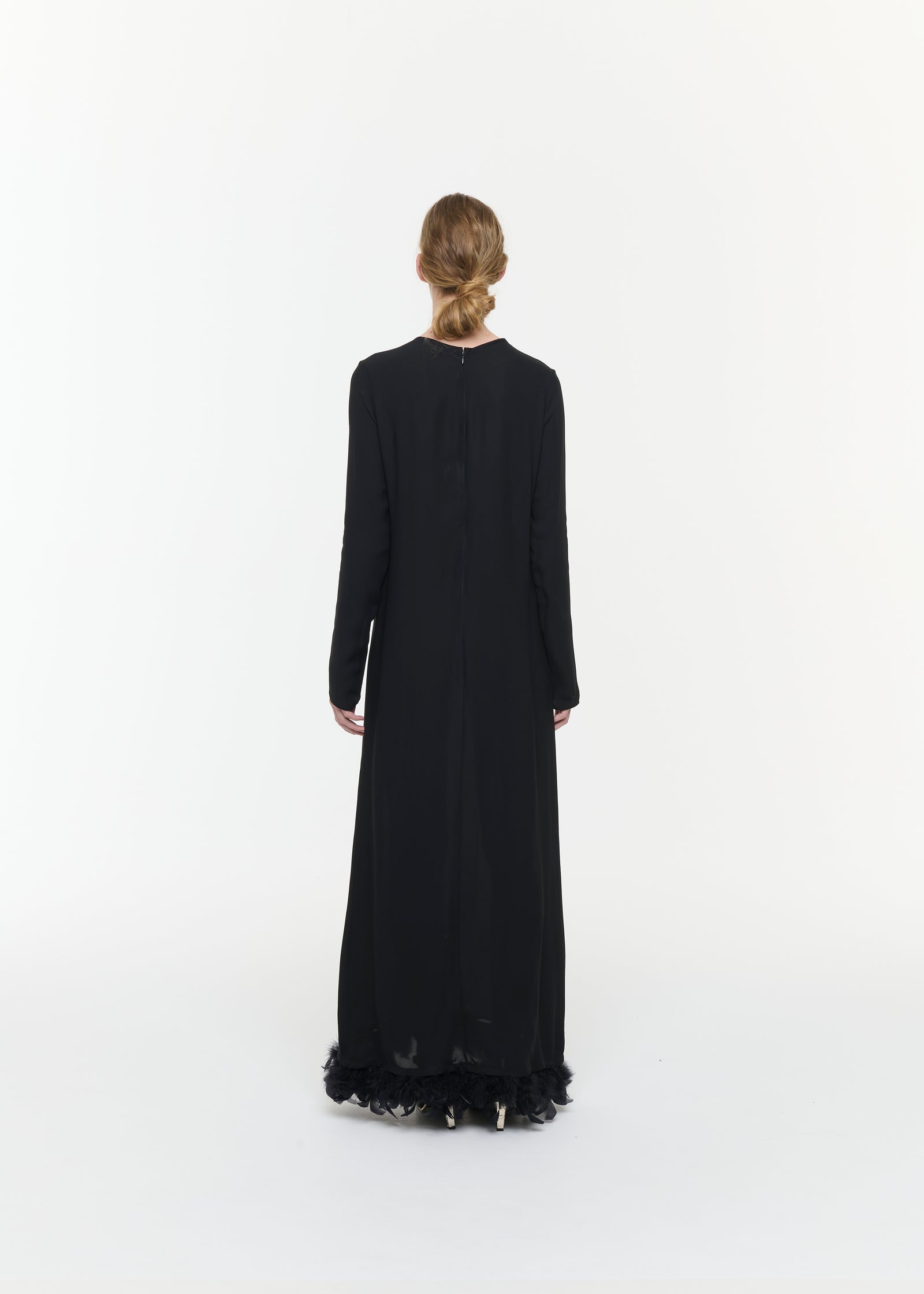 BLACK GEORGETTE LONG DRESS WITH FEATHERS