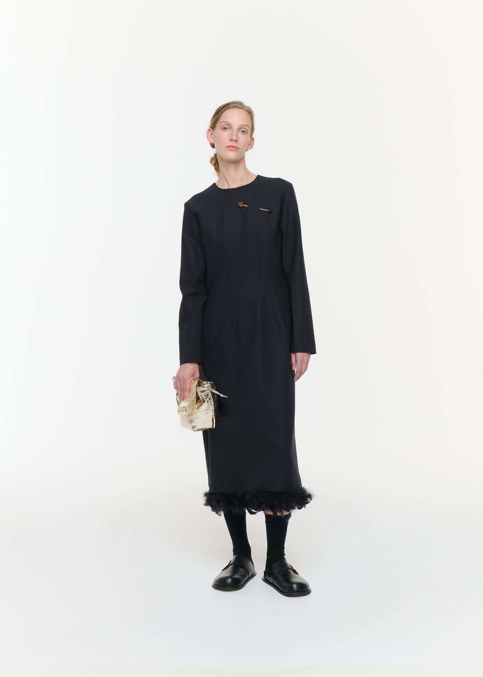 WOOL LONG DRESS WITH FEATHERS