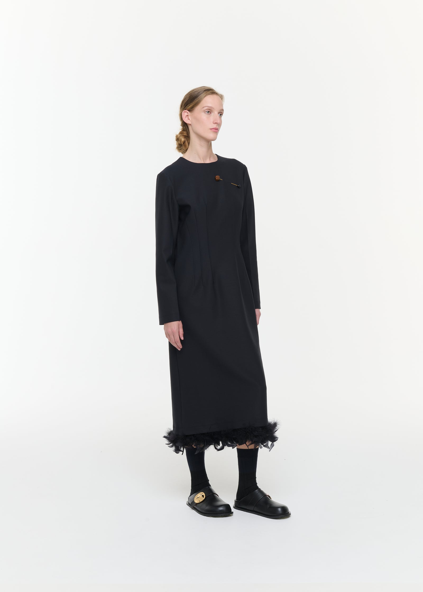 WOOL LONG DRESS WITH FEATHERS