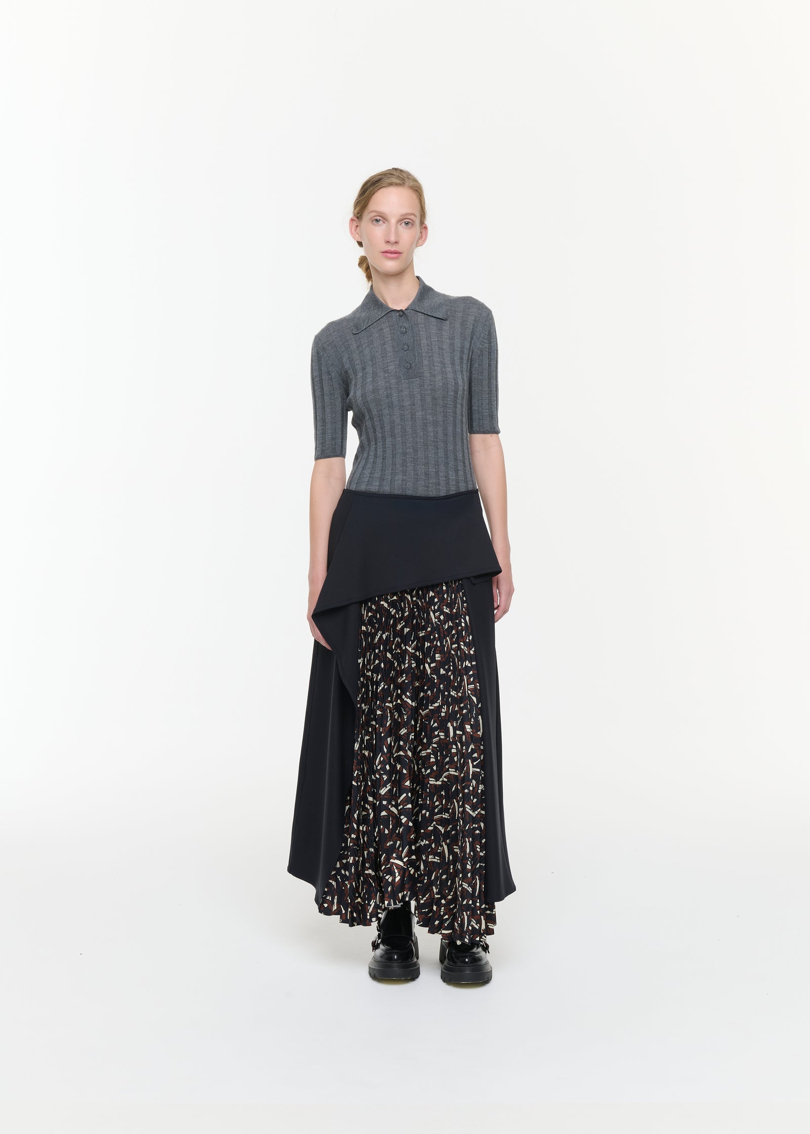 ASYMMETRIC WOOL AND PLEATED SILK SKIRT
