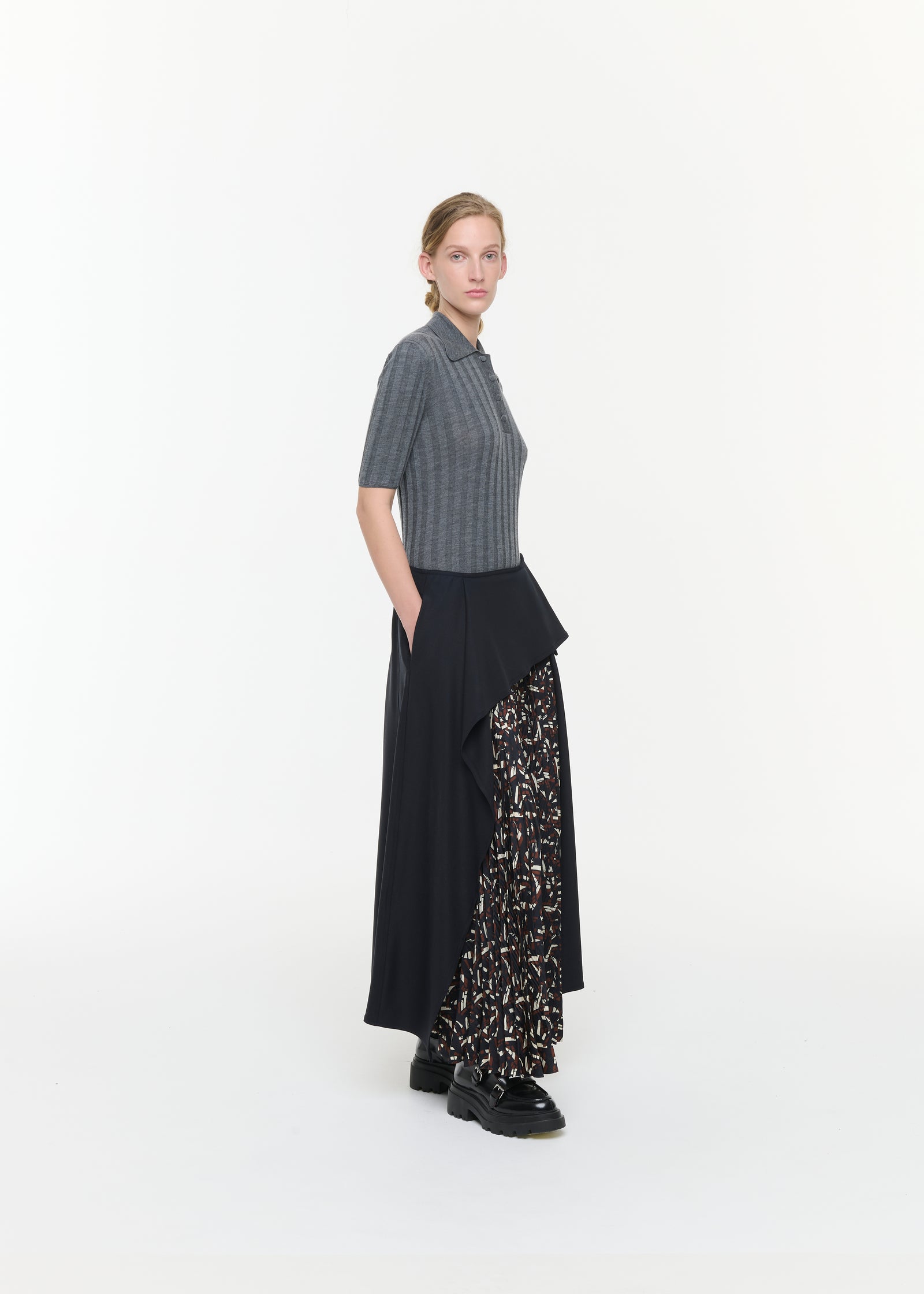 ASYMMETRIC WOOL AND PLEATED SILK SKIRT